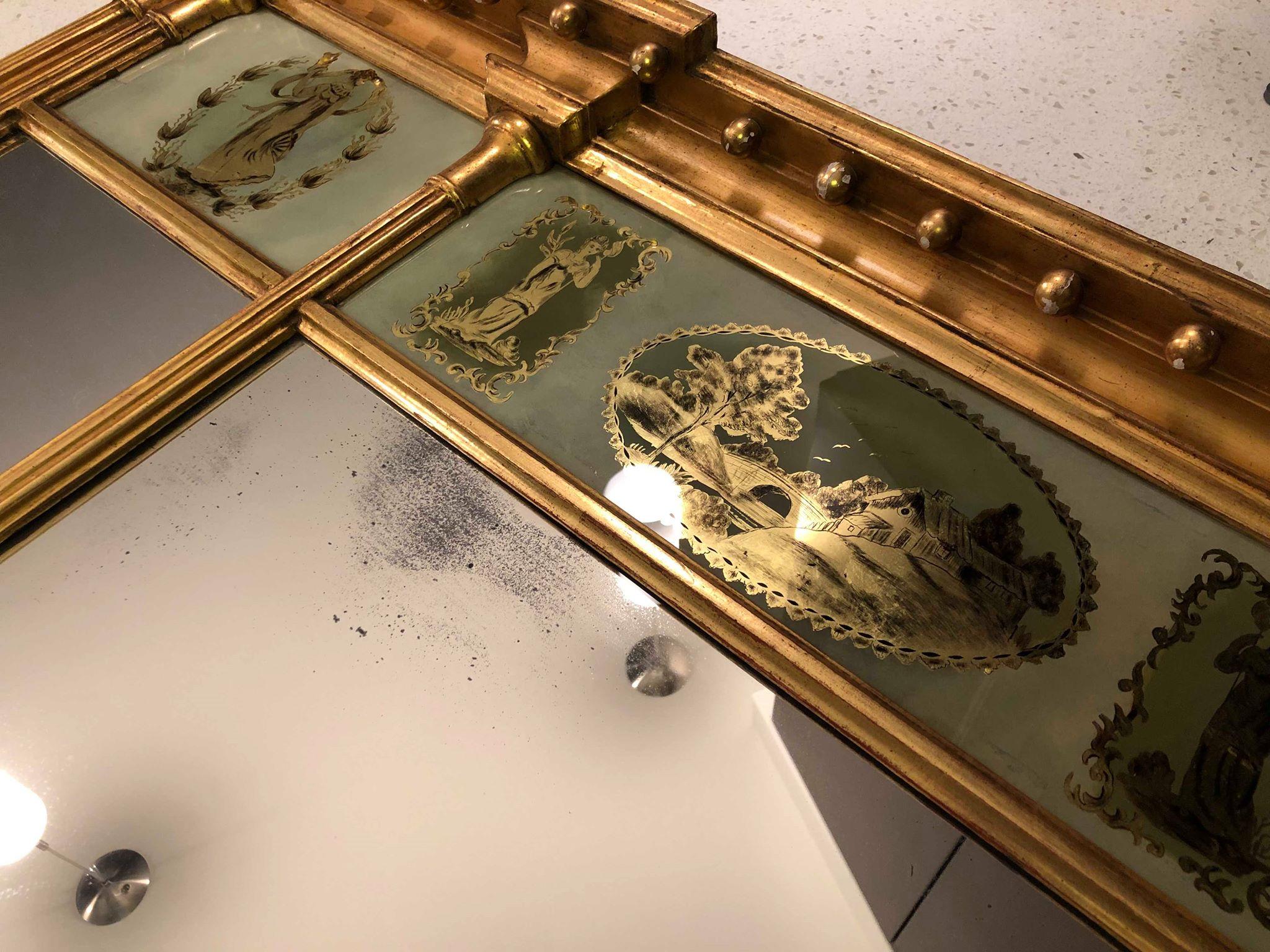 American Federal/ Sheraton reverse painted giltwood églomisé mirror


Original gilding and reverse panels. I am unsure about the mirrors. It is in the original state I found it in. No cracked mirrors or reverse panels. Wear to gold gilt. Some