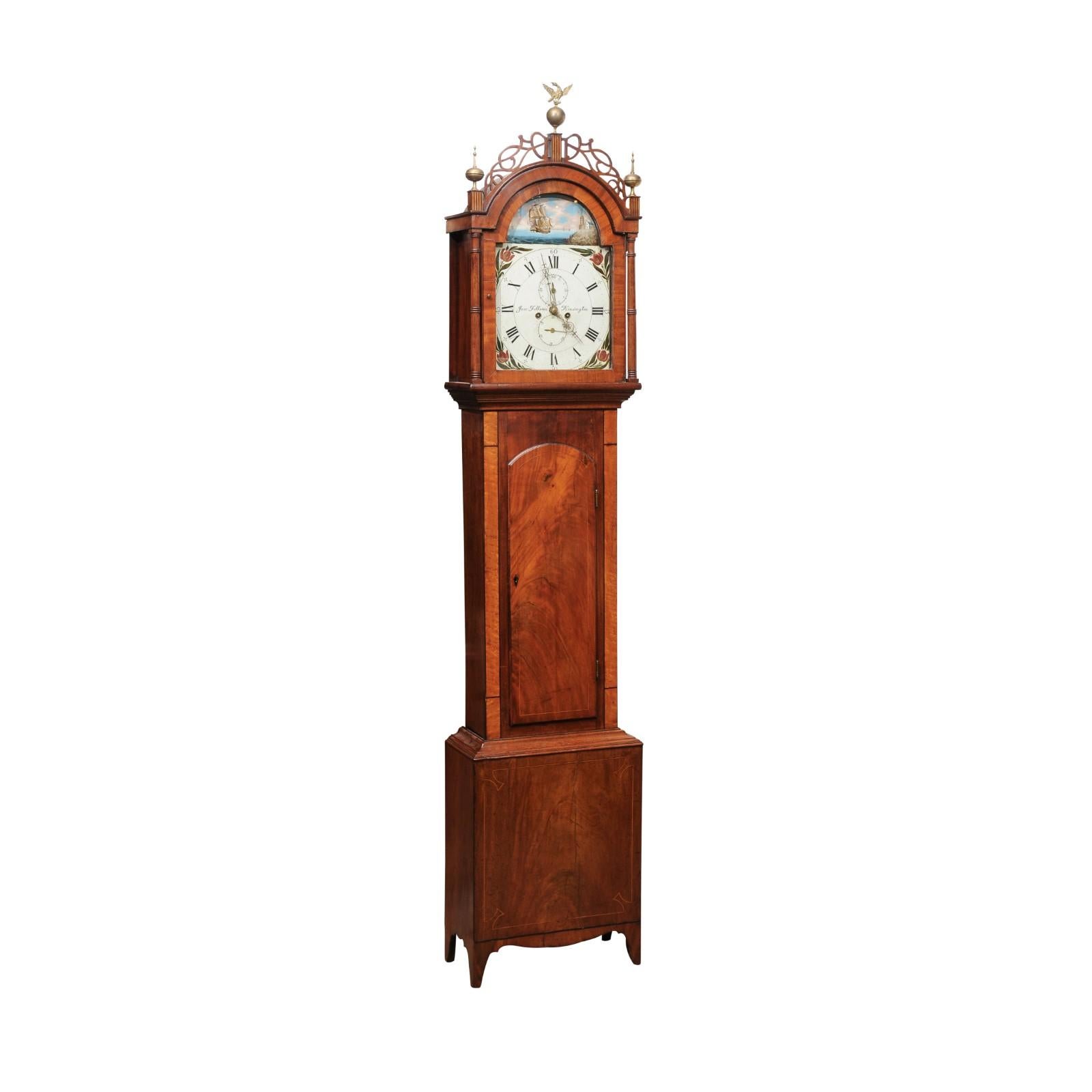 American Federal Tallcase Clock in Mahogany with Pierced Crest, Brass Finials & Painted Face, Signed “Jere Fellows Kinsington” early 19th Century