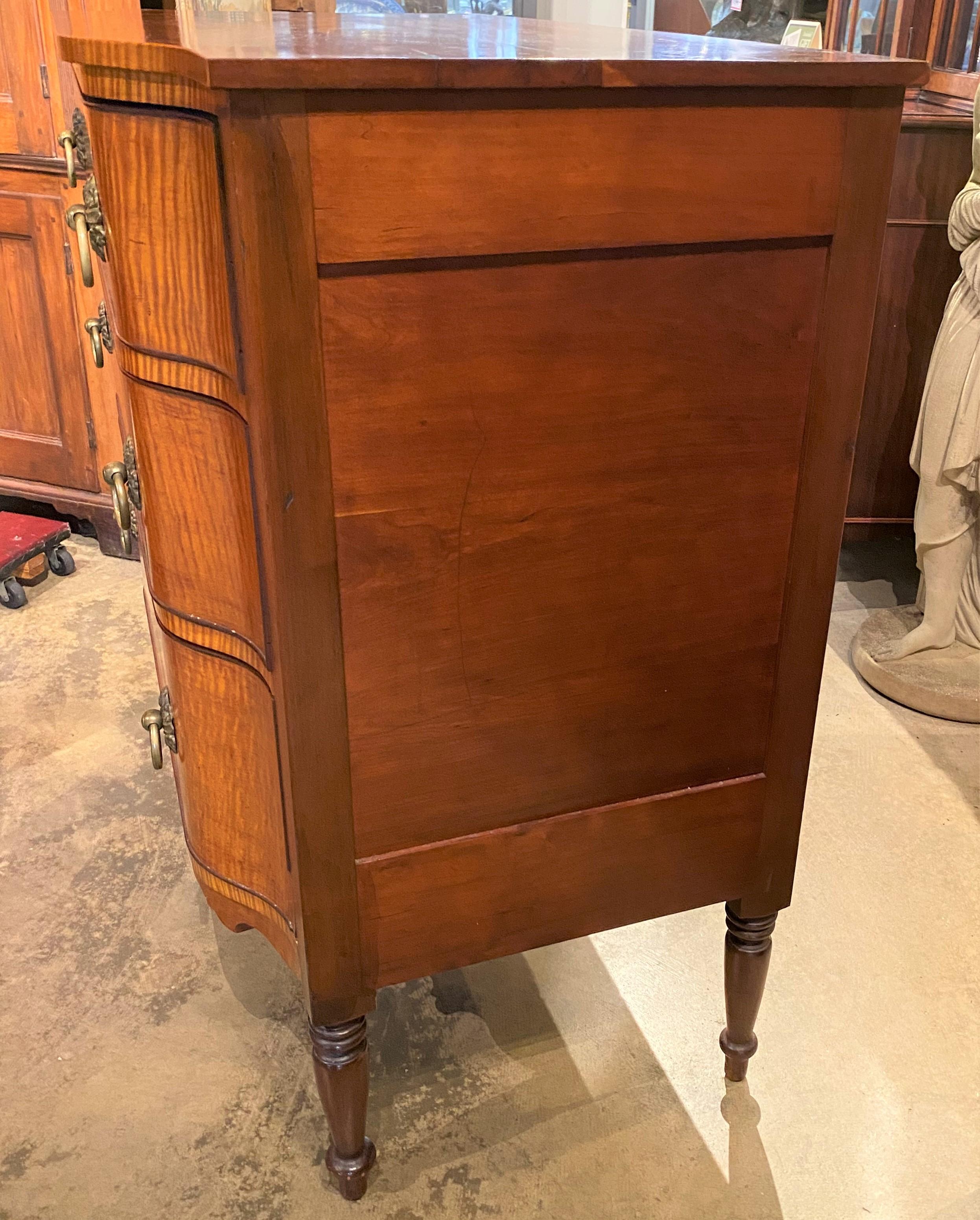 American Federal Tiger Maple and Cherry Three Drawer Chest of Rare Form 1