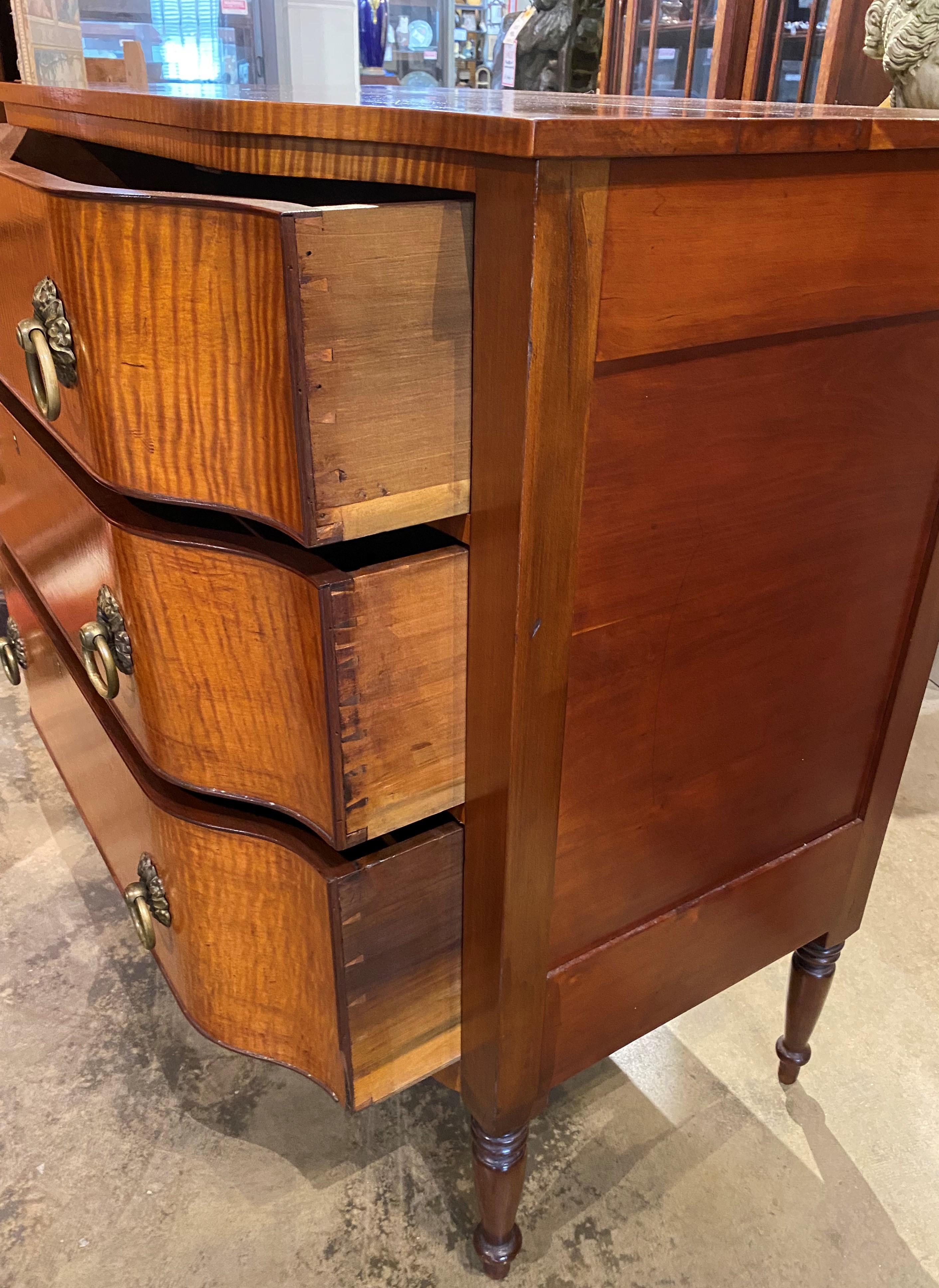 American Federal Tiger Maple and Cherry Three Drawer Chest of Rare Form 2