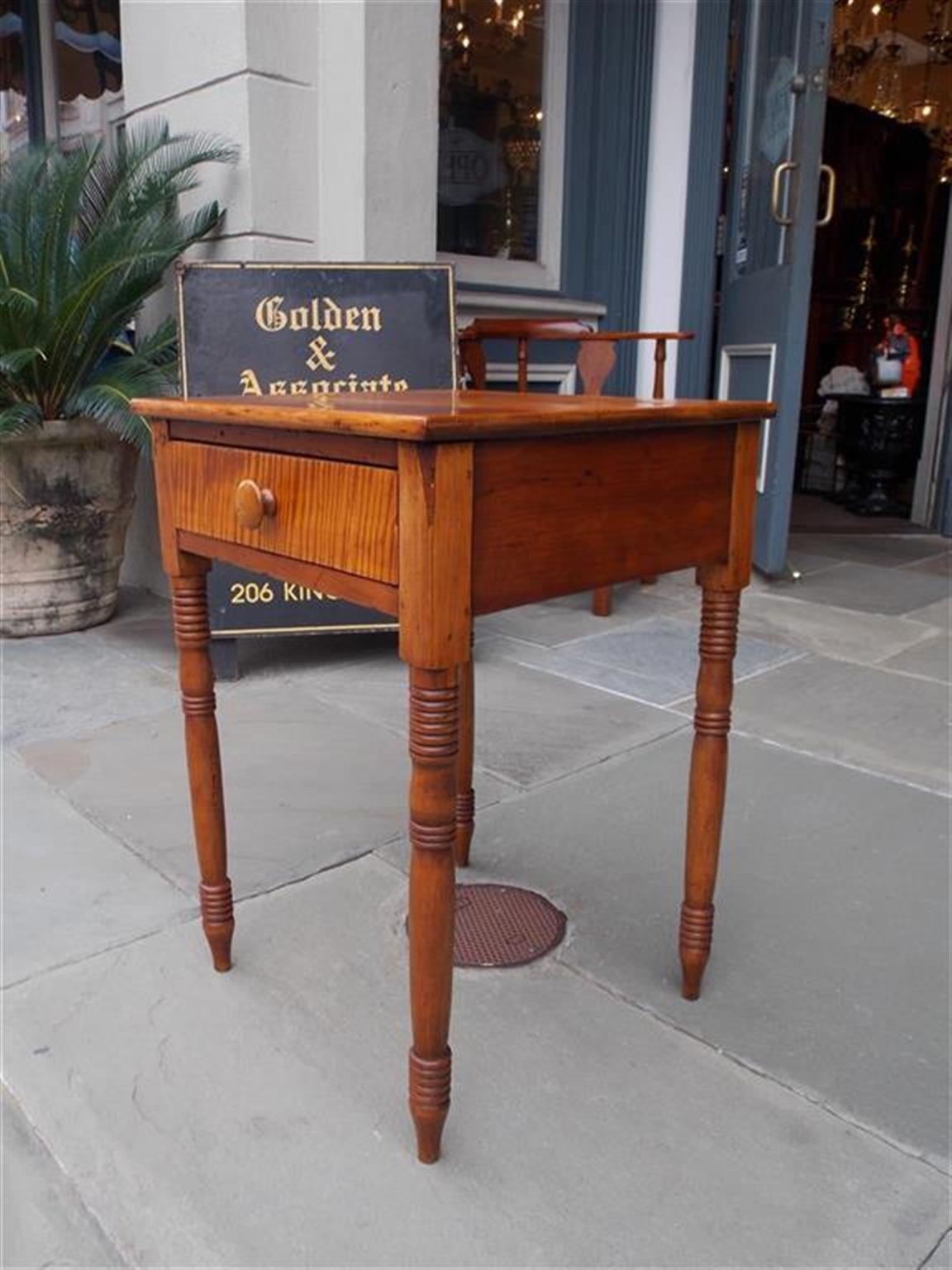 Hand-Carved American Federal Tiger Maple One Drawer Stand with Turned Ringed Legs C.  1820 For Sale