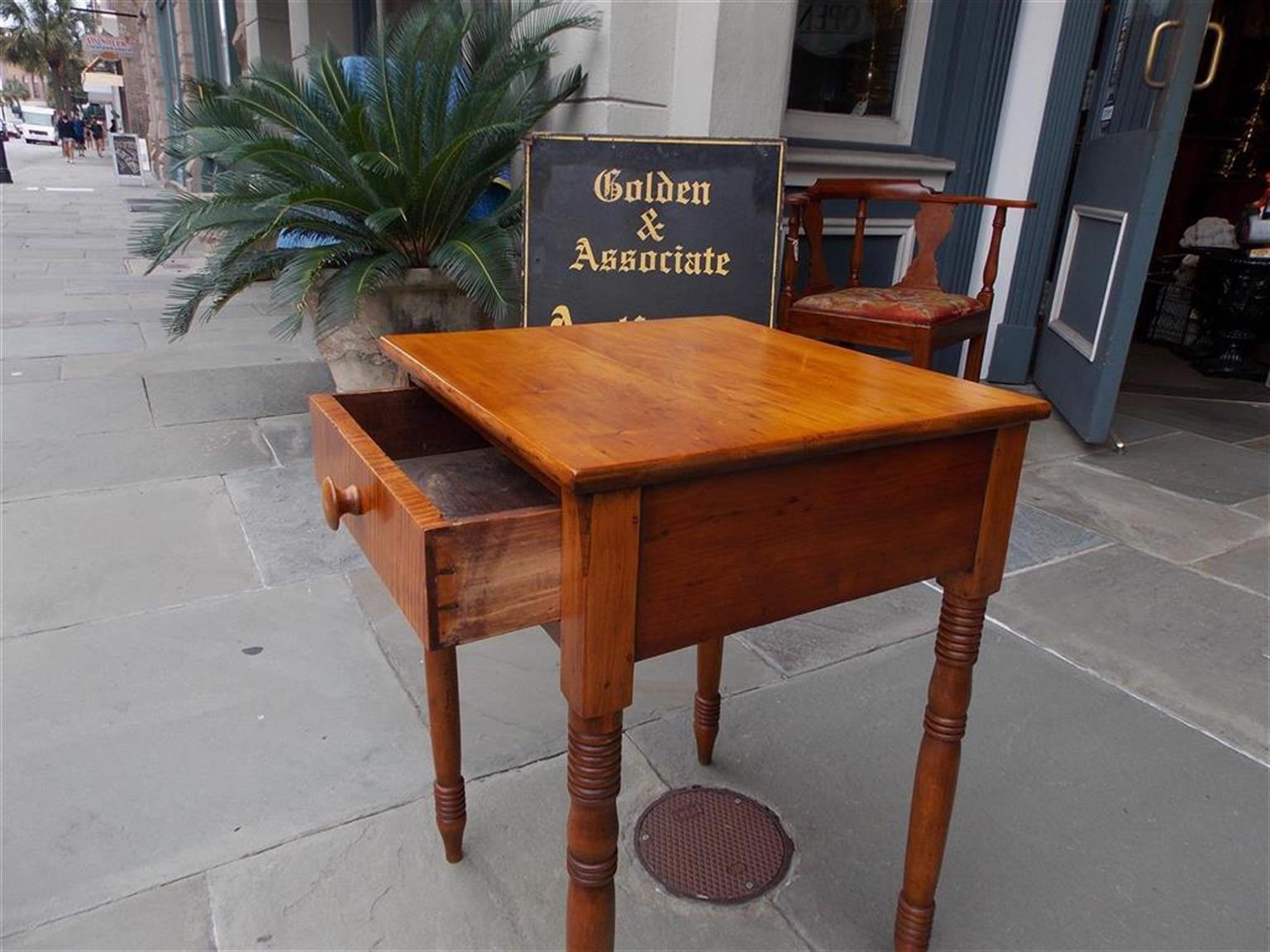 American Federal Tiger Maple One Drawer Stand with Turned Ringed Legs C.  1820 For Sale 1
