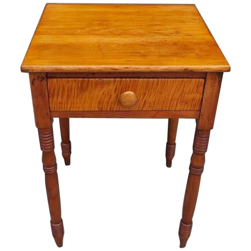 American Federal Tiger Maple One Drawer Stand with Turned Ringed Legs C.  1820