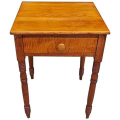 Antique American Federal Tiger Maple One Drawer Stand with Turned Ringed Legs C.  1820