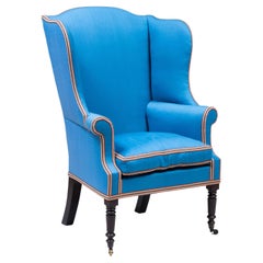 Antique American Federal Wingback Chair with Blue Upholstery