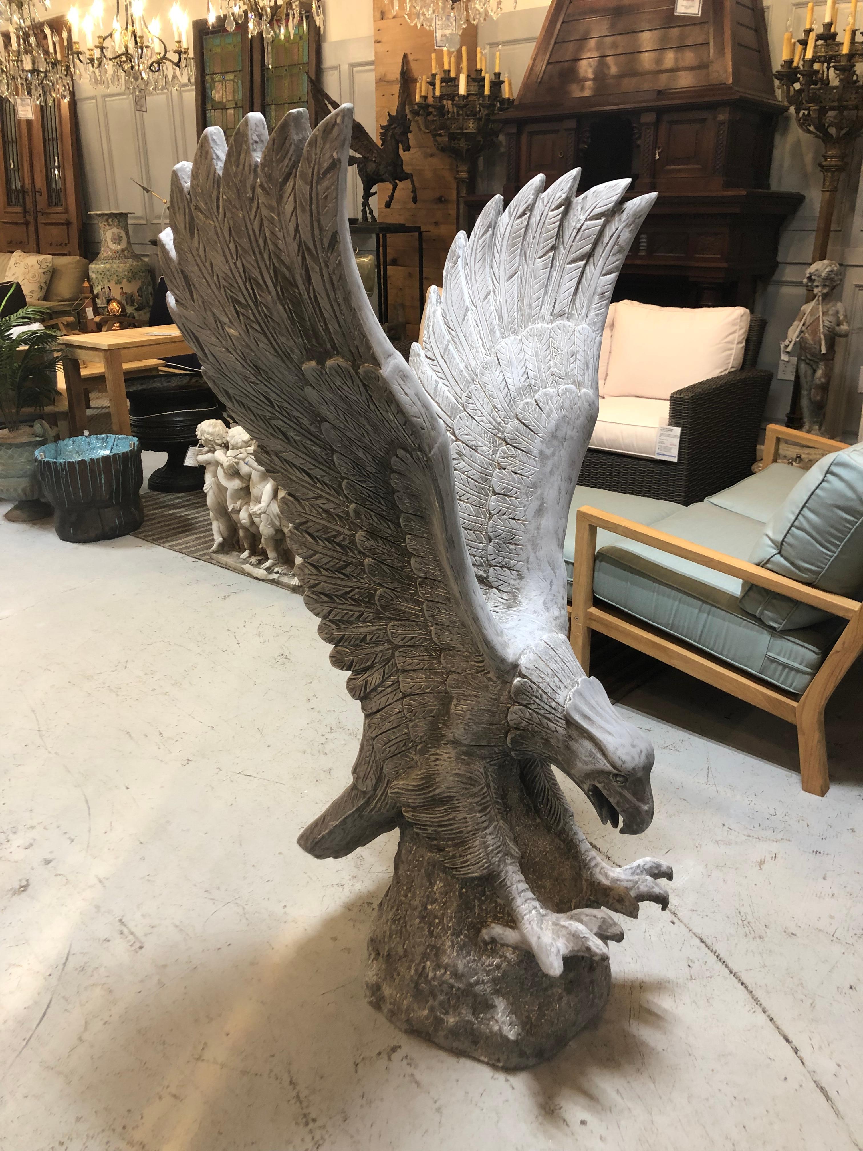 Large Fiberglass American Eagle with Open Talons ready to ponce on its prey. Nothing shows more strength than an American Eagle with its talons open. A pair of eagles would look amazing at the end of a driveway entrance standing alone or on pillars