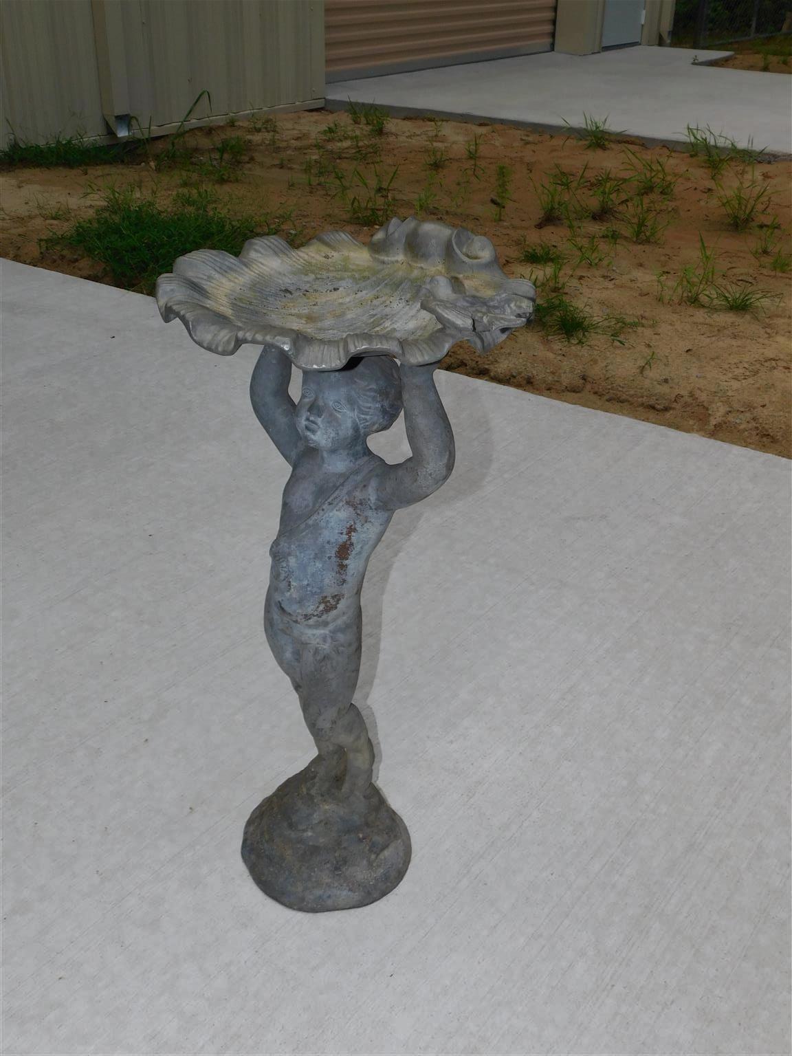Hand-Crafted American Figural Boy Lead Bird Bath Holding Shell w/ Dove On Circular Base, 1850 For Sale