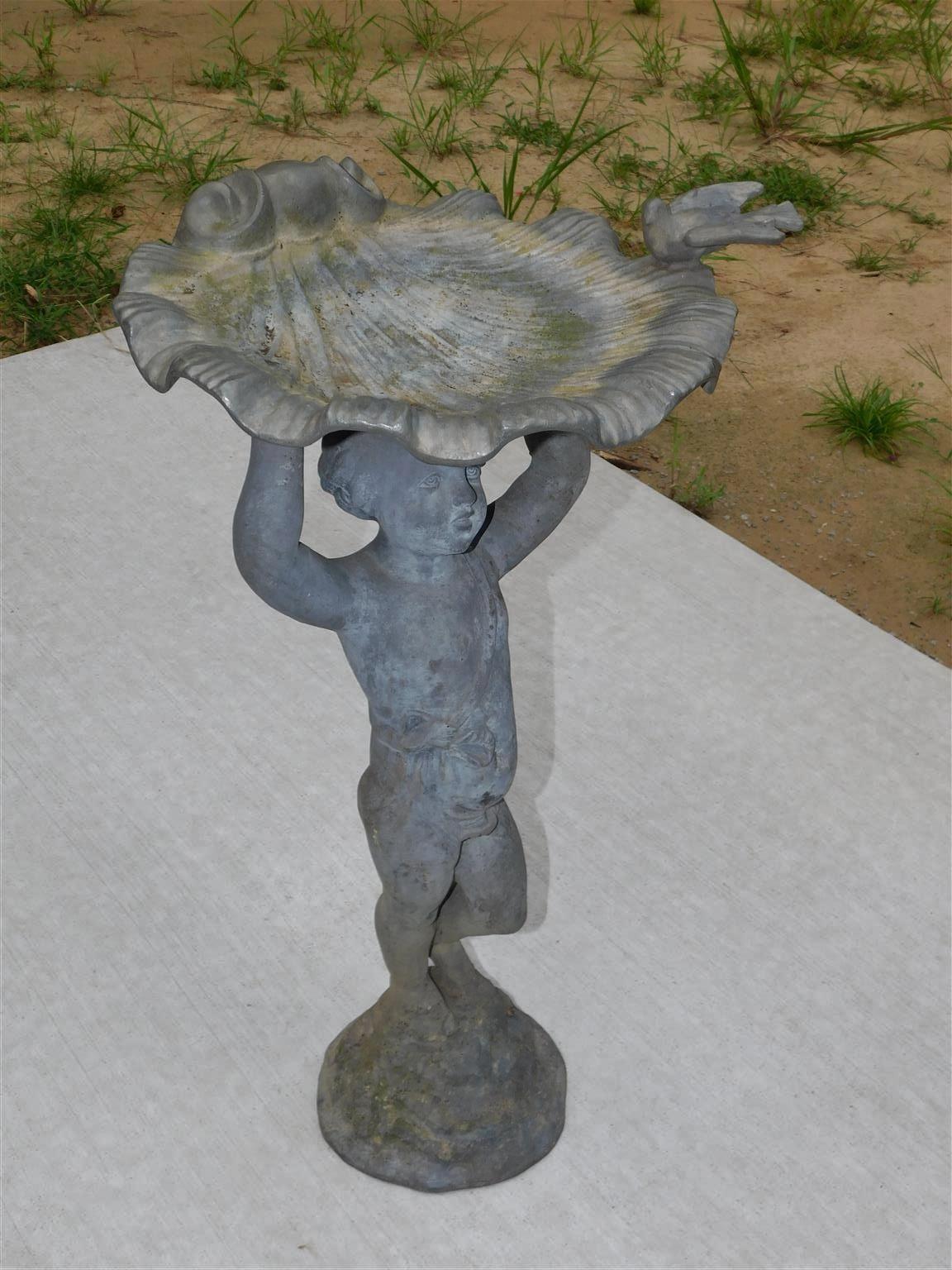 American Figural Boy Lead Bird Bath Holding Shell w/ Dove On Circular Base, 1850 In Excellent Condition For Sale In Hollywood, SC