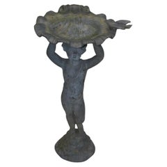 American Figural Boy Lead Bird Bath Holding Shell w/ Dove On Circular Base, 1850