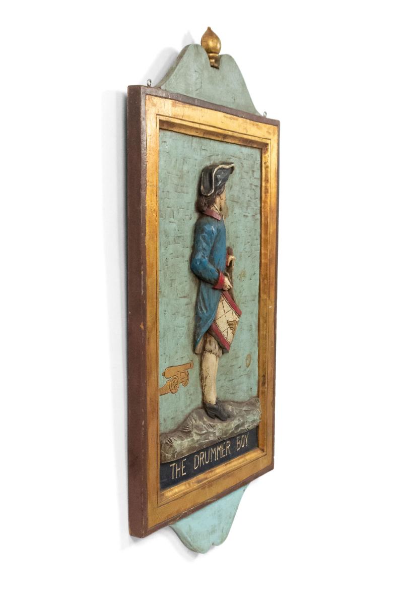 Hand-Carved American Figurative Carved Wall Plaque of a Drummer For Sale