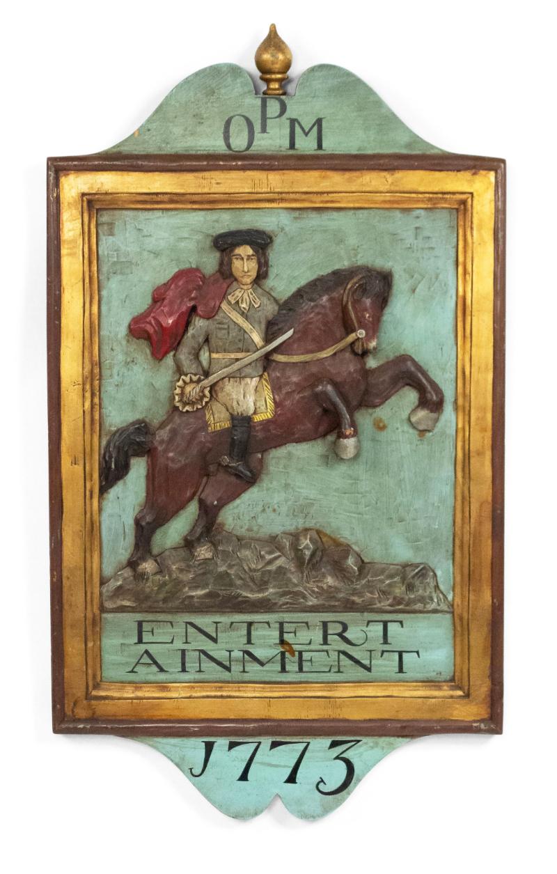 XX secolo Placca da parete americana scolpita raffigurante un soldato rivoluzionario a cavallo in vendita