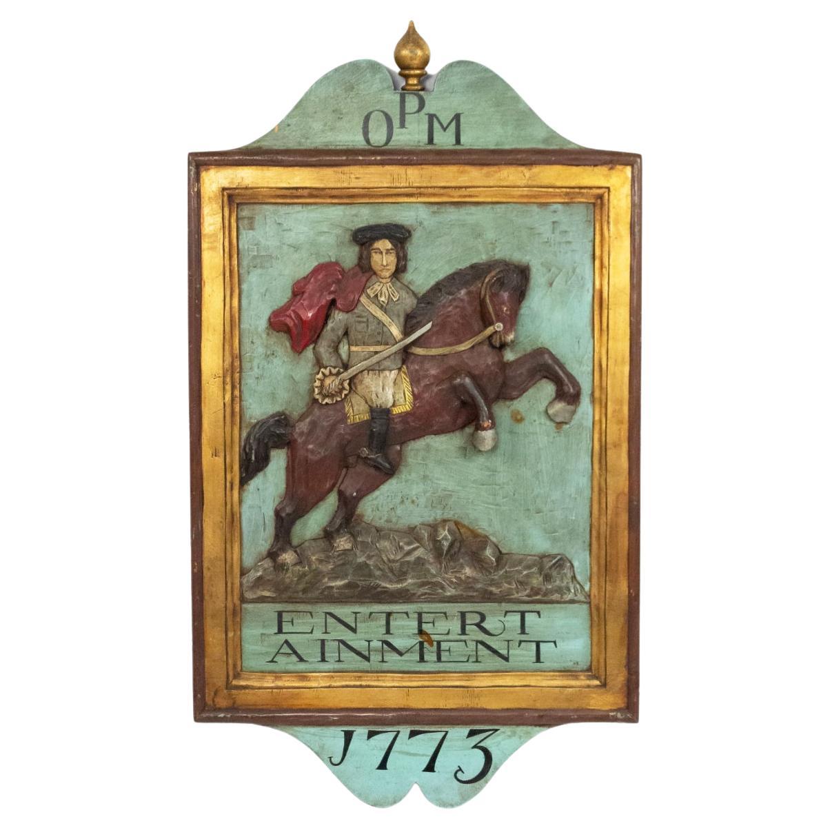 Placa mural figurativa americana tallada de un soldado revolucionario a caballo