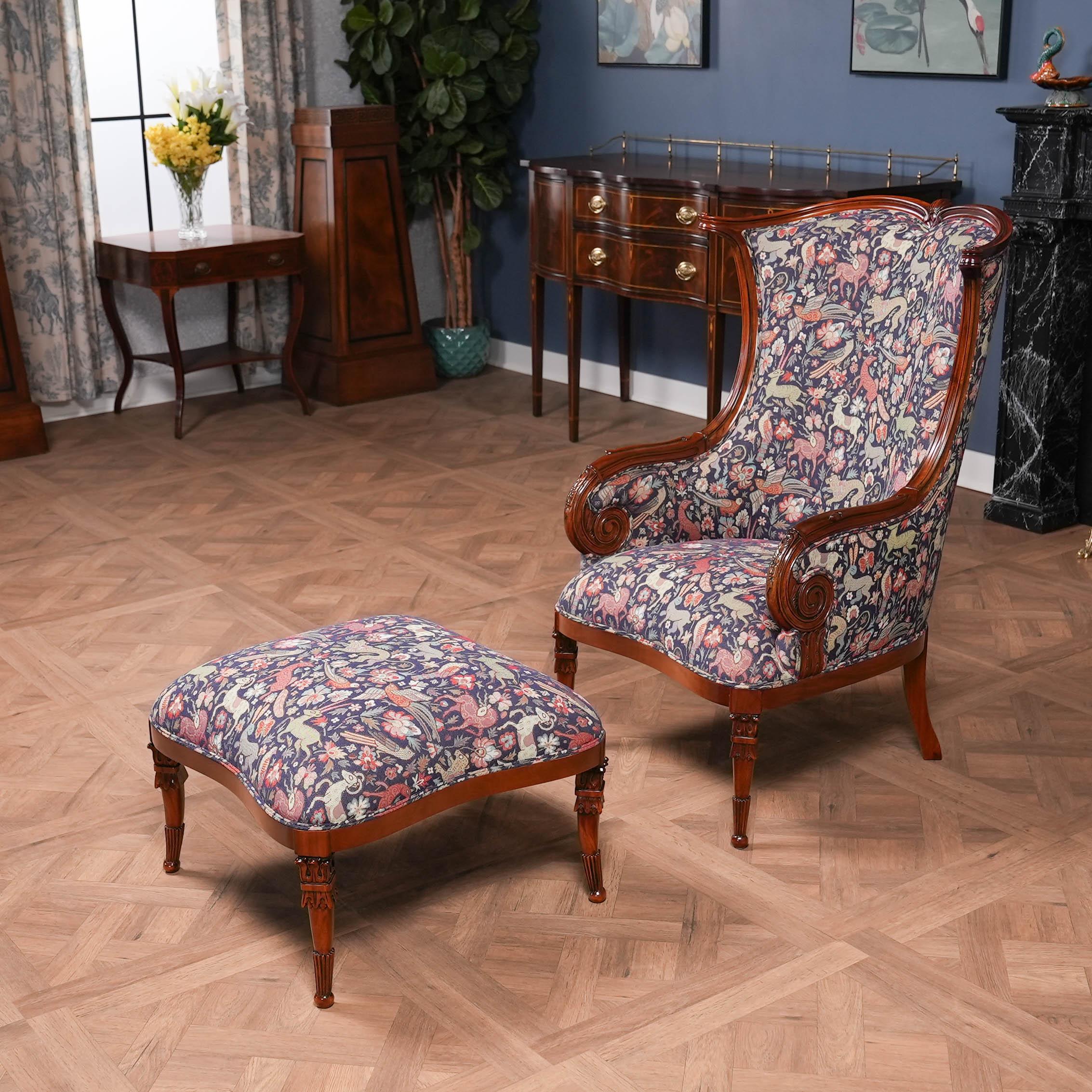 Hand-Carved American Fireside Chair and Ottoman For Sale