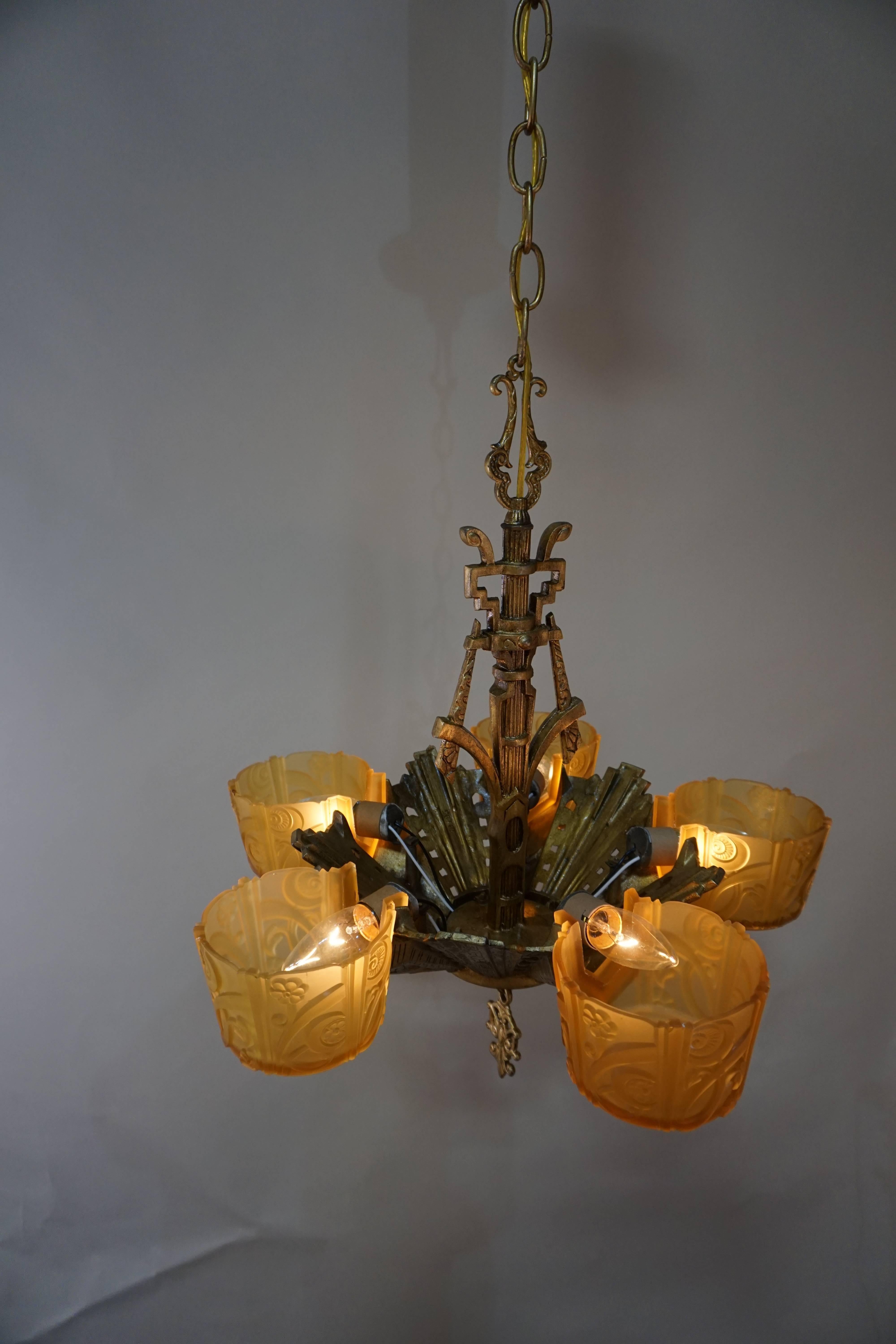 Cold-Painted American Five-Light Amber Glass Chandelier by Riddle Lighting Co. 