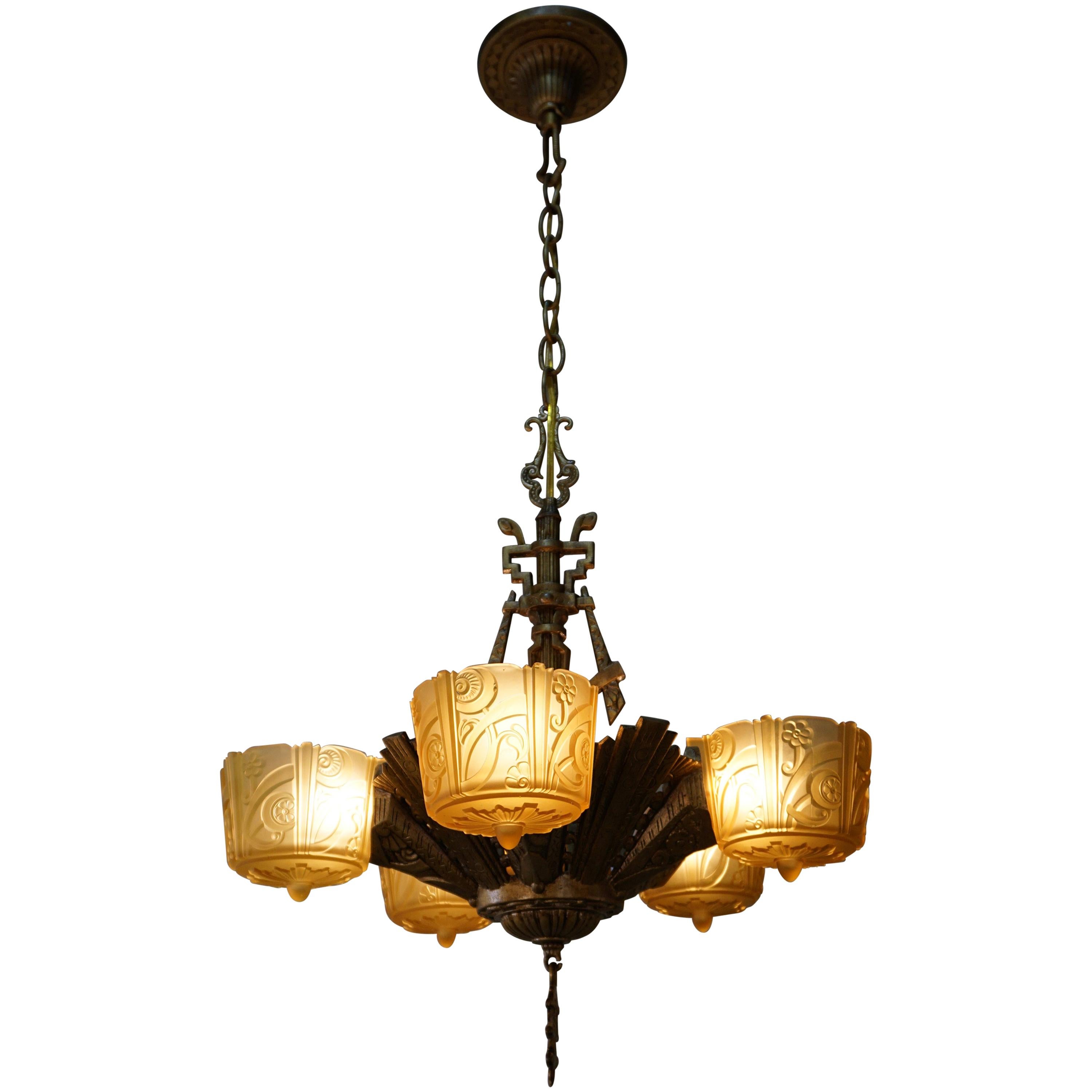 American Five-Light Amber Glass Chandelier by Riddle Lighting Co. 