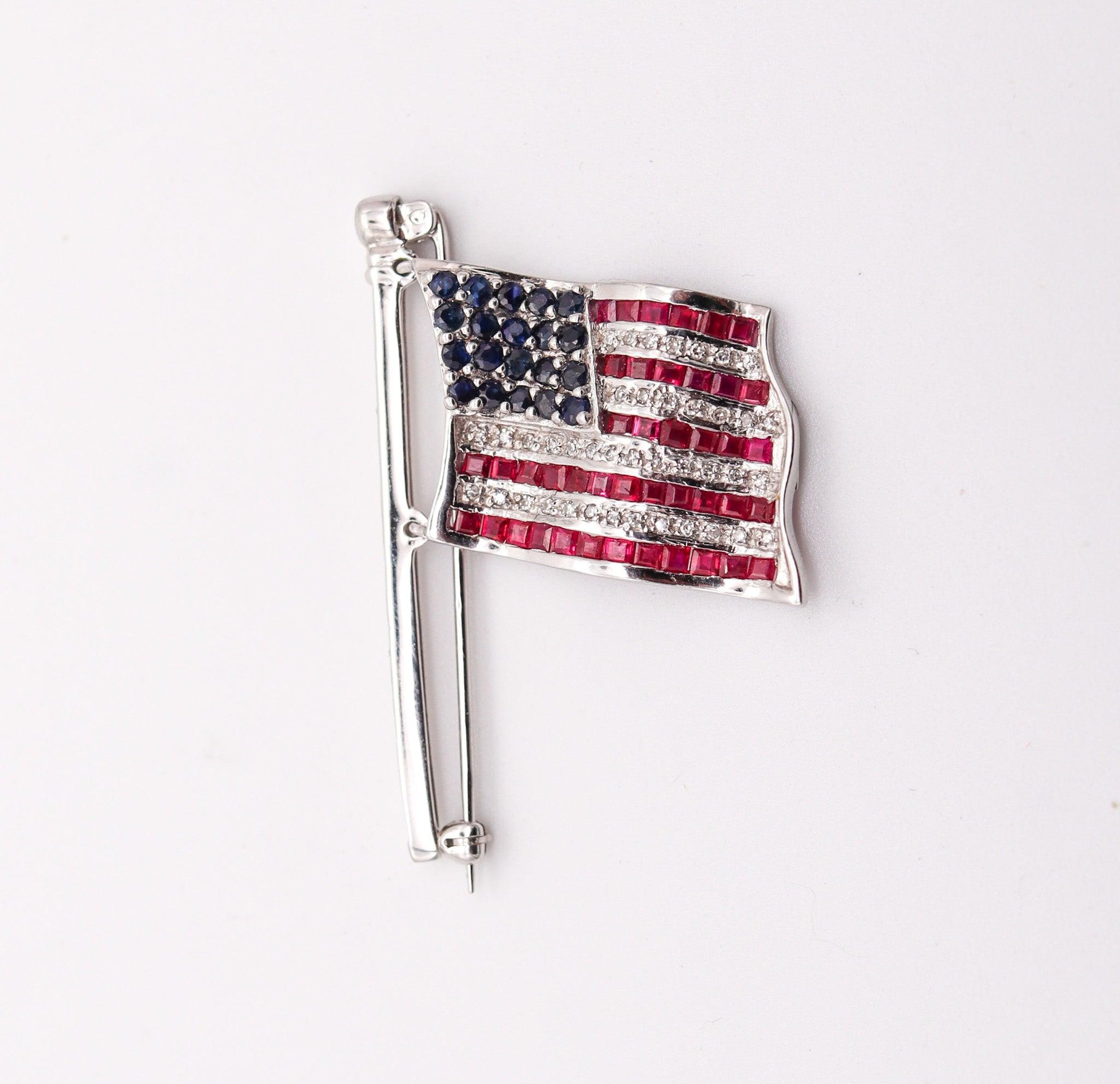 Modernist AMERICAN FLAG Brooch In 14Kt White Gold With 3.11 Ctw In Diamonds And Gemstones For Sale