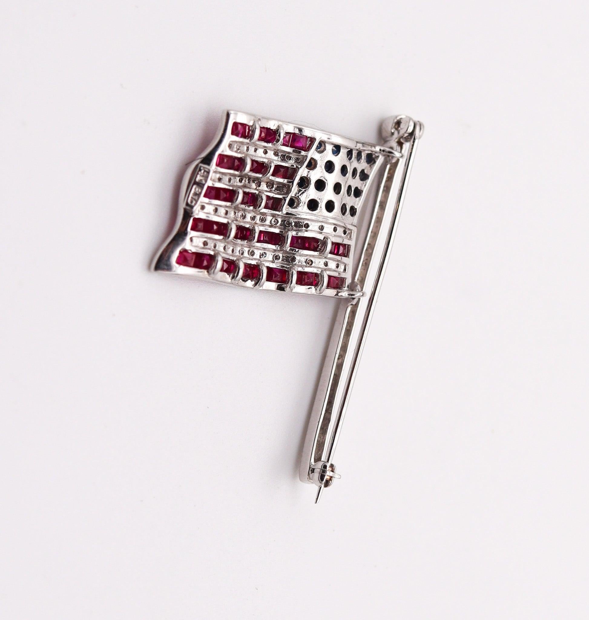 Brilliant Cut AMERICAN FLAG Brooch In 14Kt White Gold With 3.11 Ctw In Diamonds And Gemstones For Sale