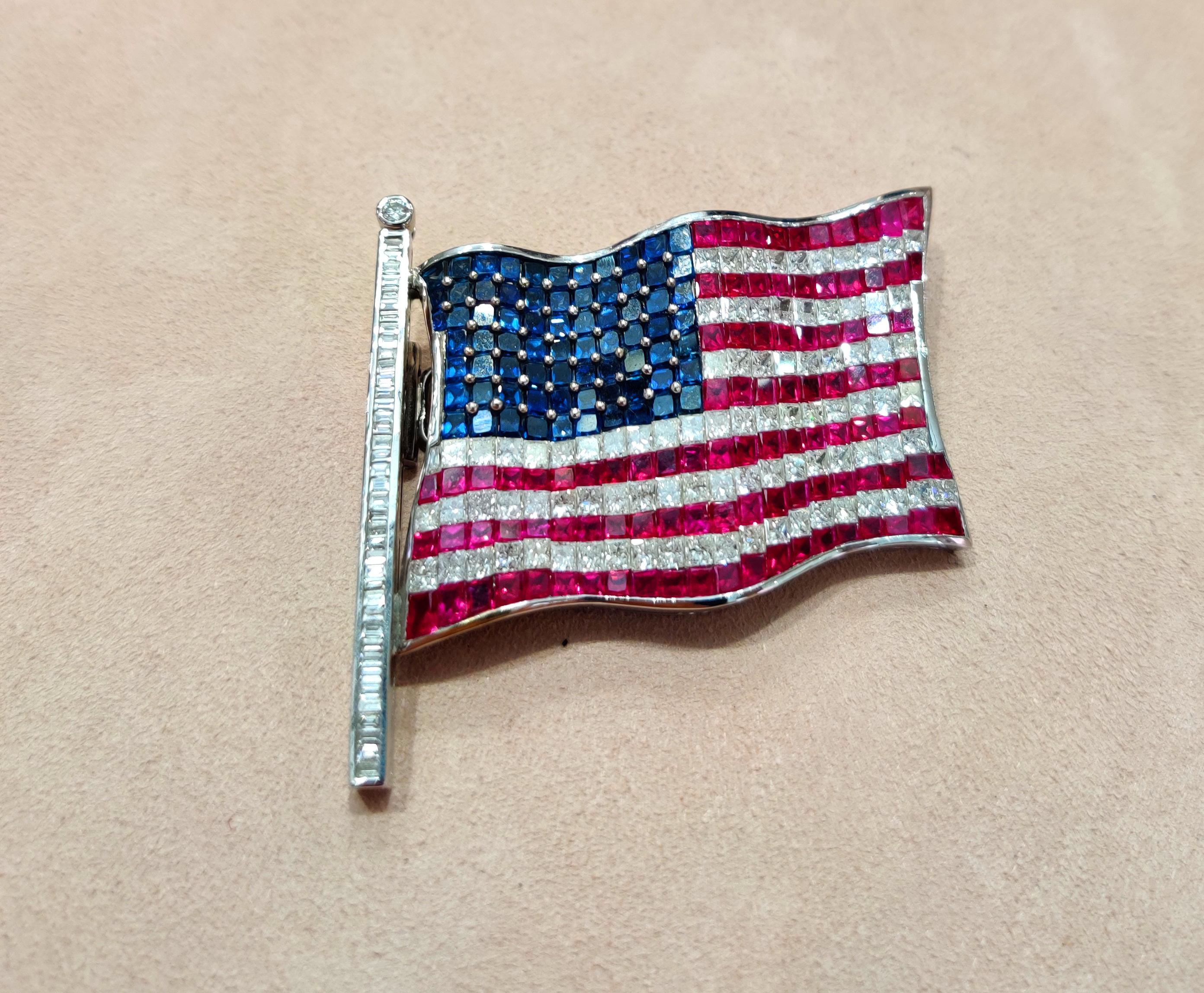 Contemporary American Flag Brooch Set With Rubies Sapphires and Diamonds By Chatila For Sale