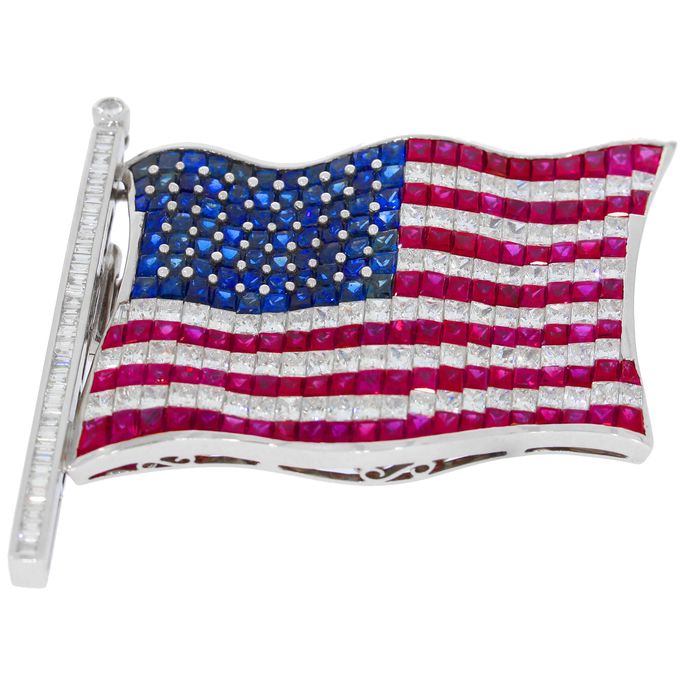 American Flag Brooch Set With Rubies Sapphires and Diamonds By Chatila For Sale