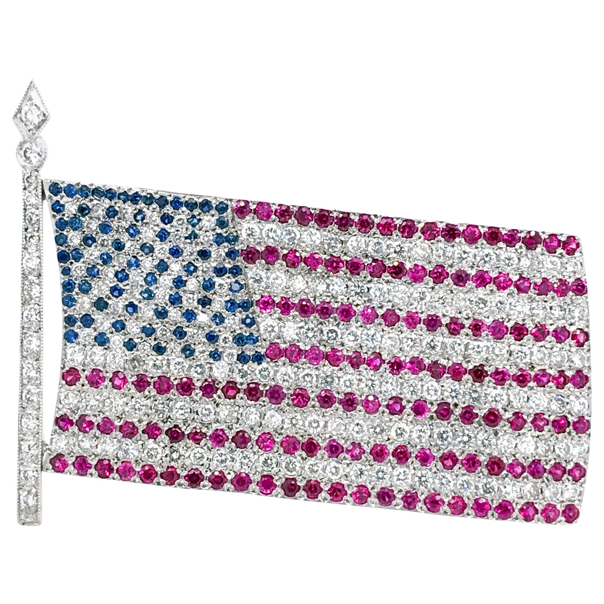 American Flag Brooch with Diamond Ruby and Sapphire