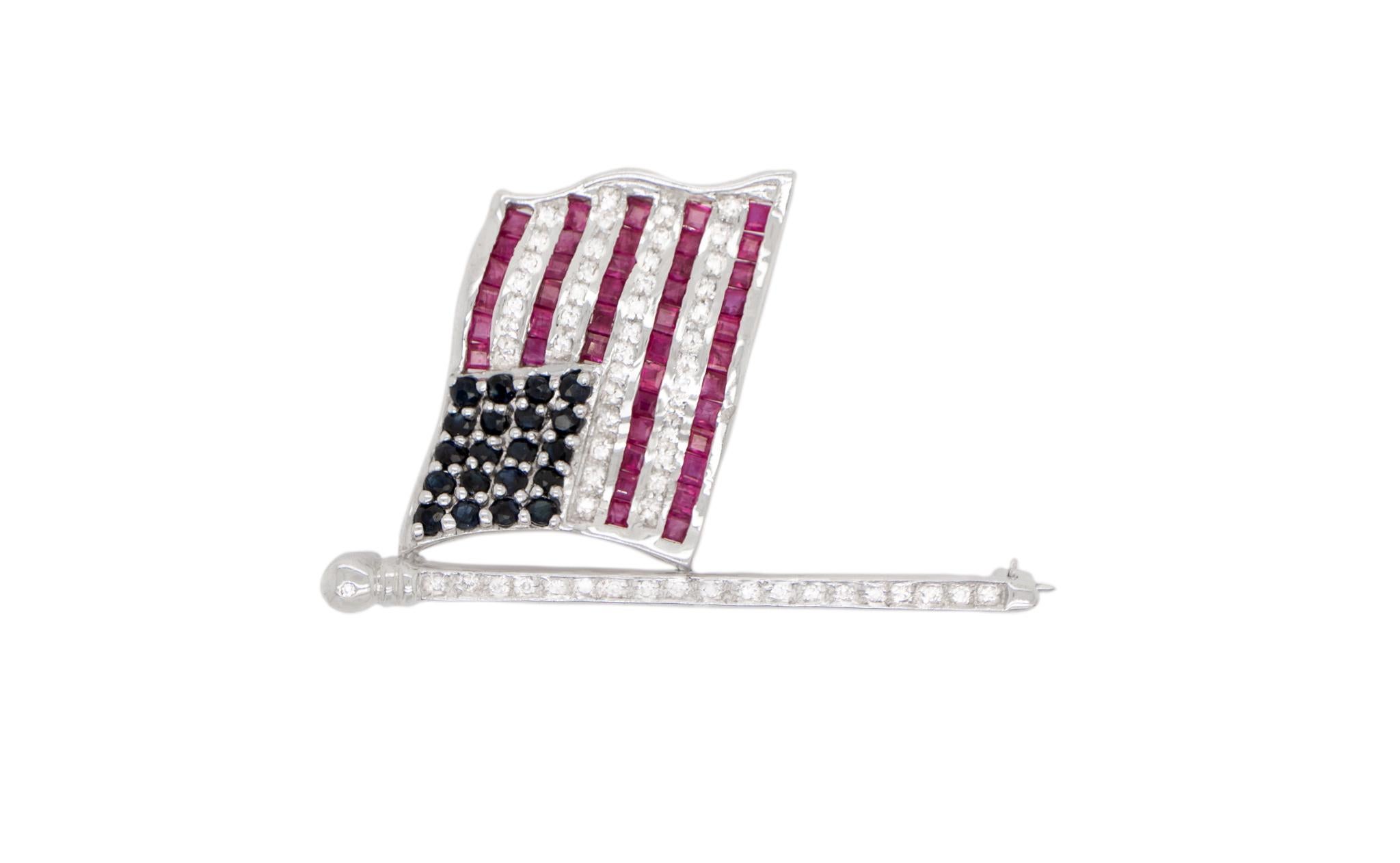 Round Cut American Flag Brooch with Rubies Sapphires and Diamonds 14K Gold