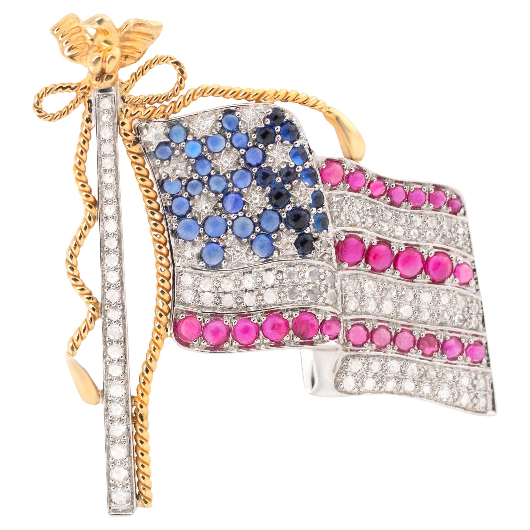 Flagge der Vereinigten Staaten Brosche Rubine Saphire Diamanten 14K Gold im Angebot