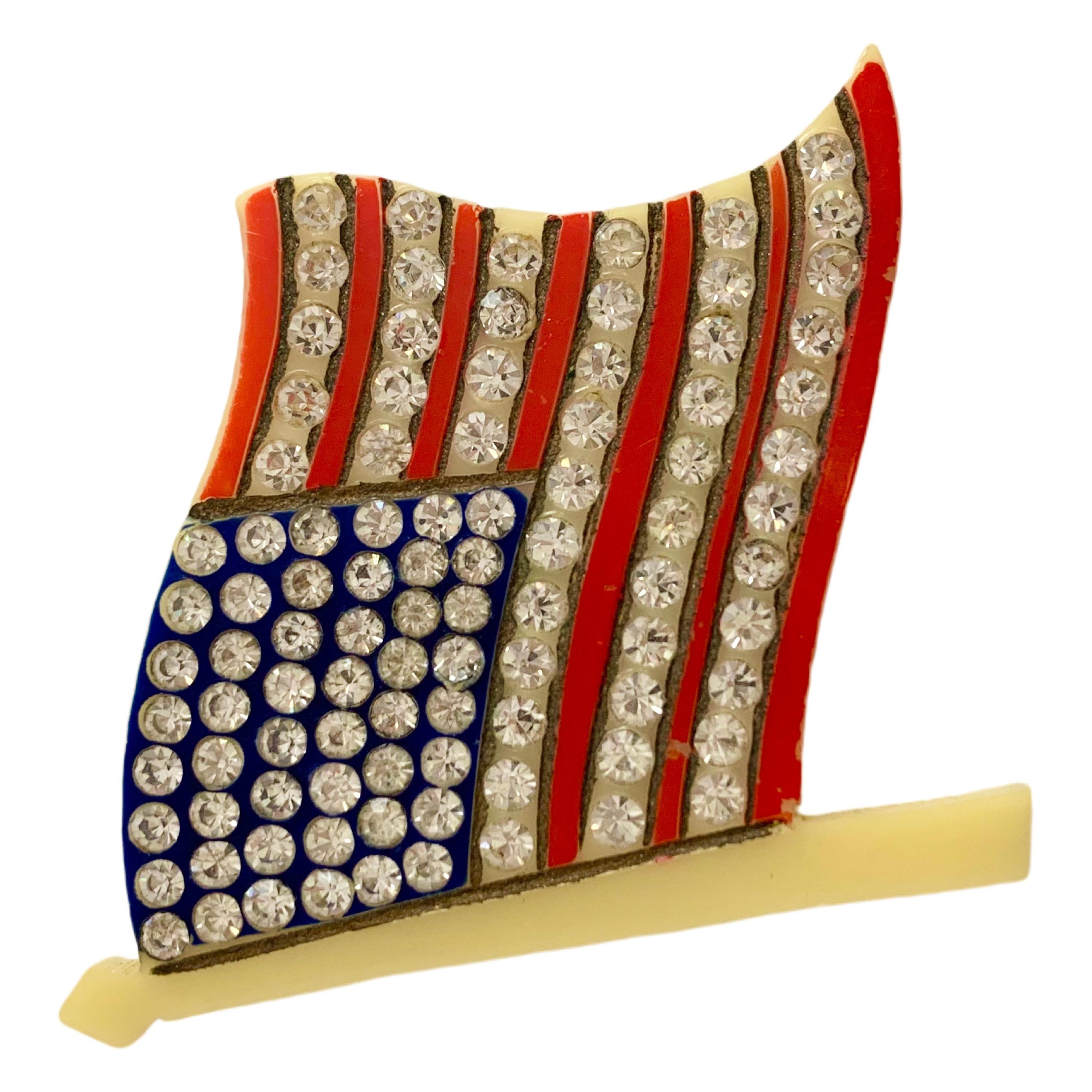 American Flag Celluloid Crystals Brooch For Sale