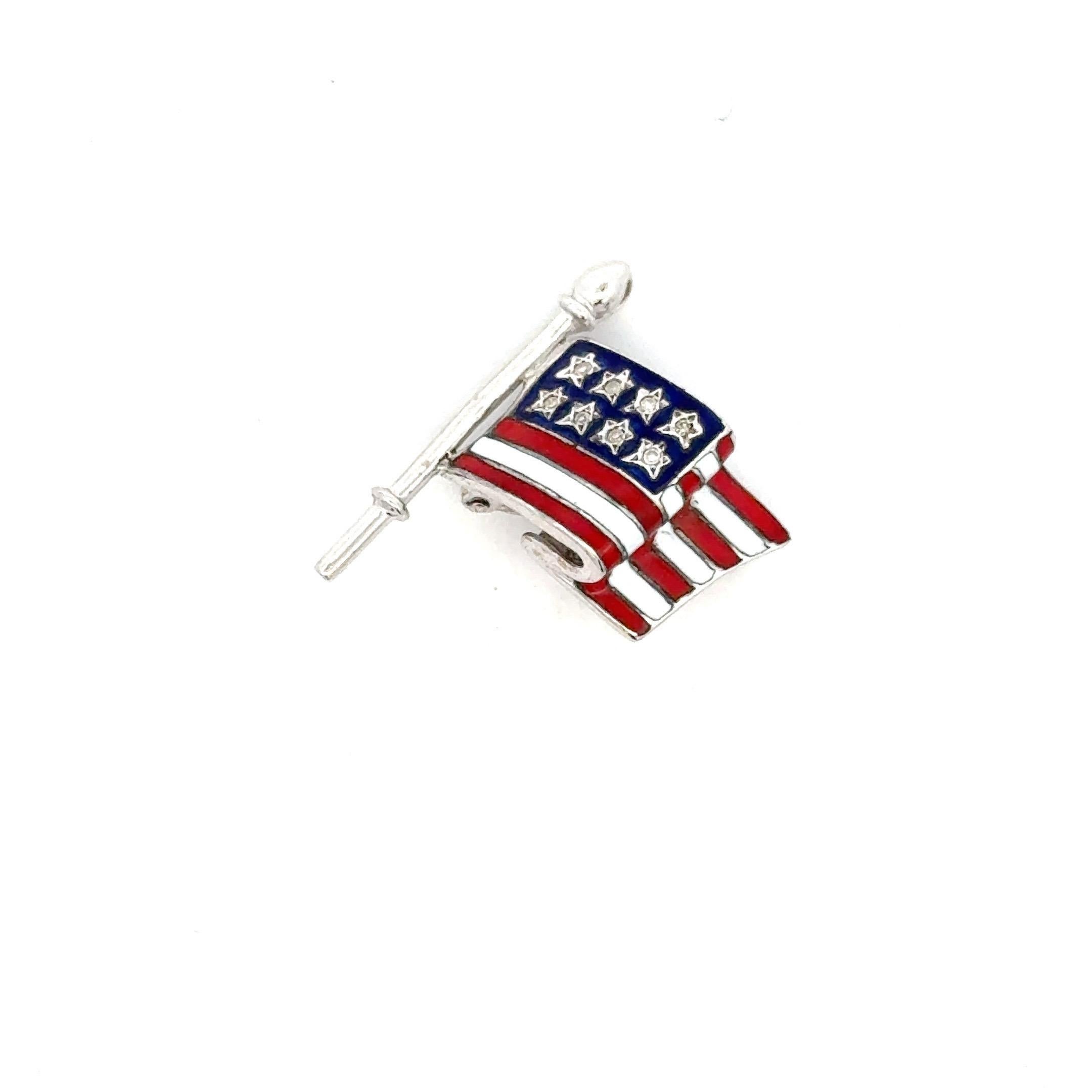 Contemporary American Flag Diamond Enamel Brooch 14 Karat White Gold 3.8 Grams For Sale