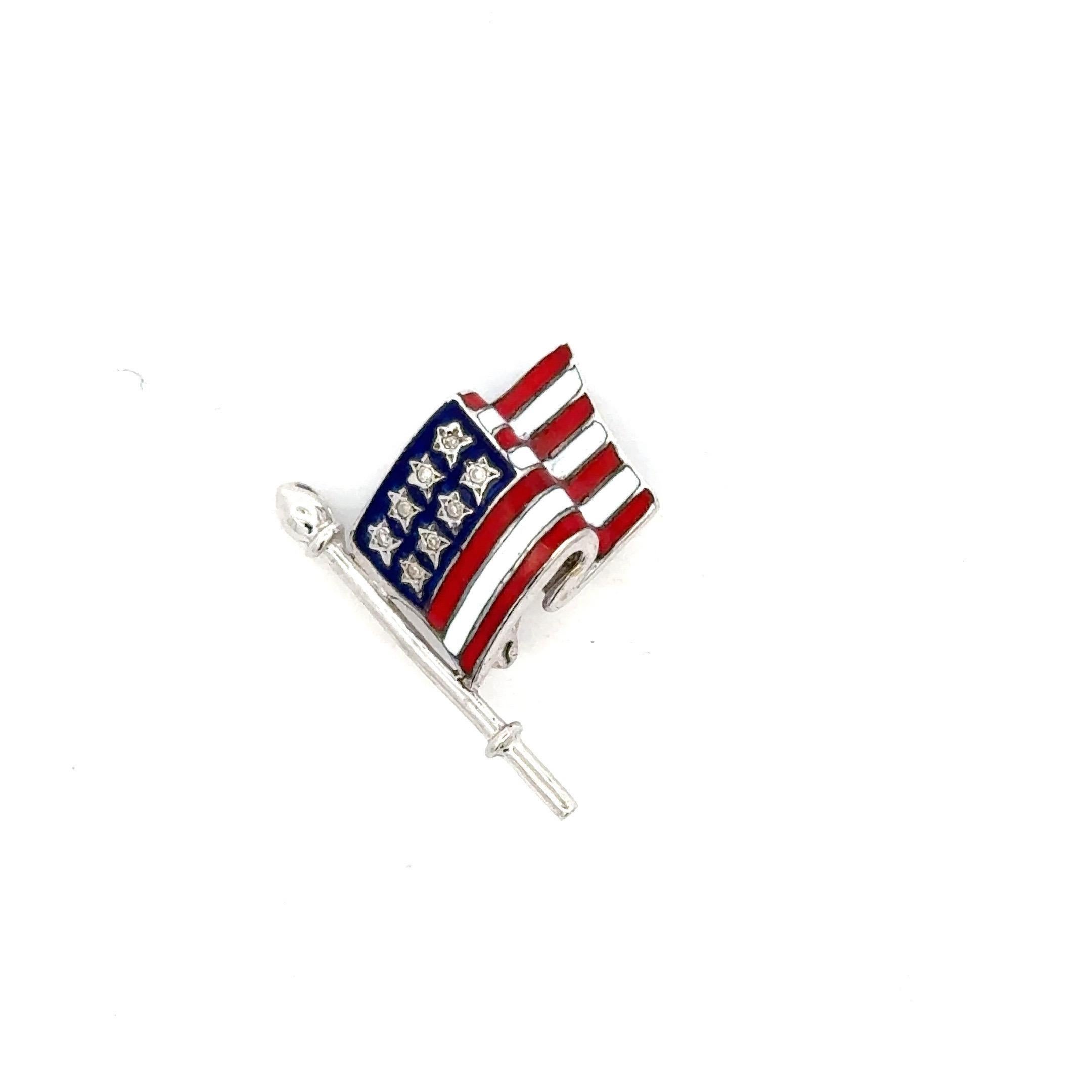 Round Cut American Flag Diamond Enamel Brooch 14 Karat White Gold 3.8 Grams For Sale