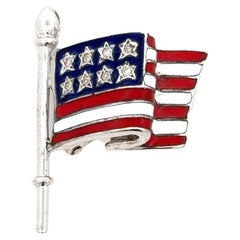 American Flag Diamond Enamel Brooch 14 Karat White Gold 3.8 Grams