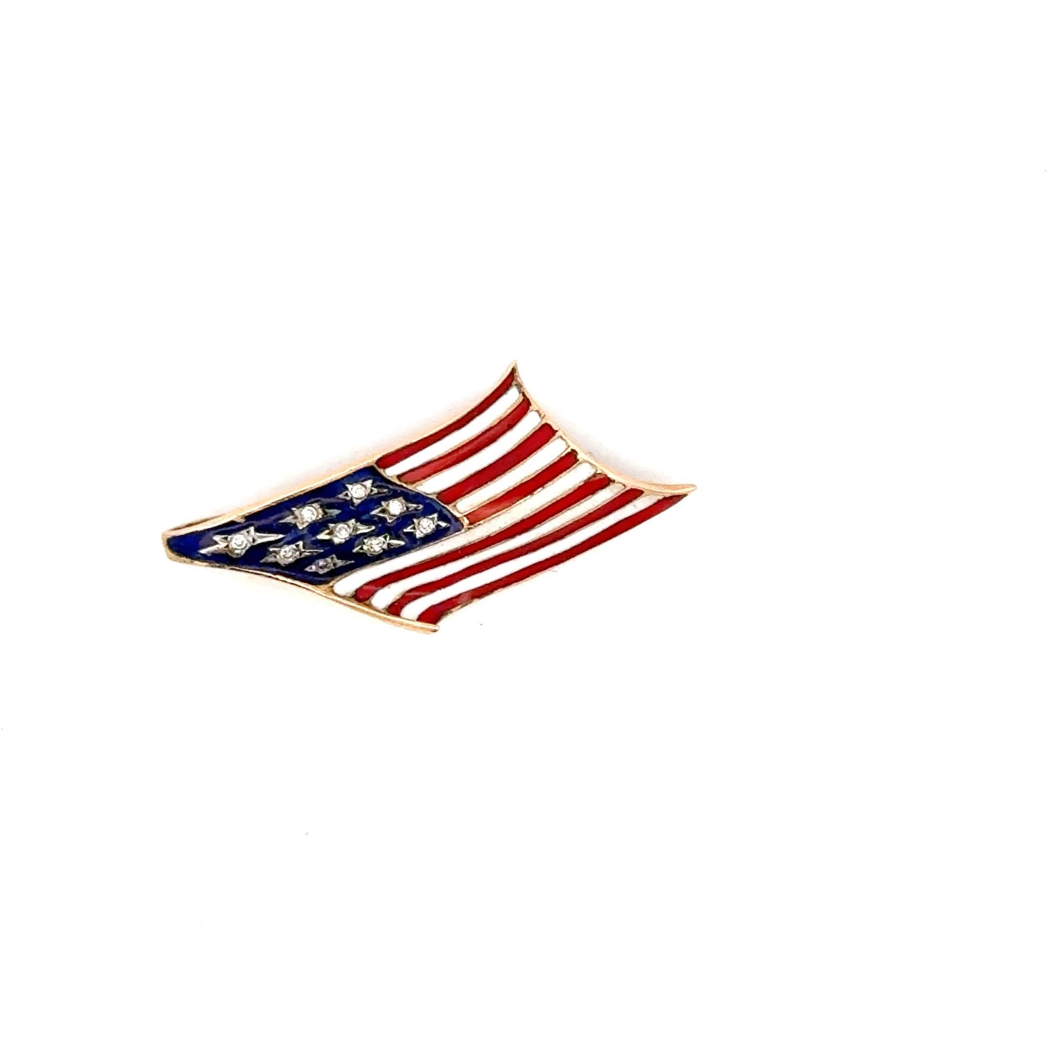 Contemporary American Flag Diamond Enamel Pendant Brooch 14 Karat Yellow Gold 2.4 Grams For Sale