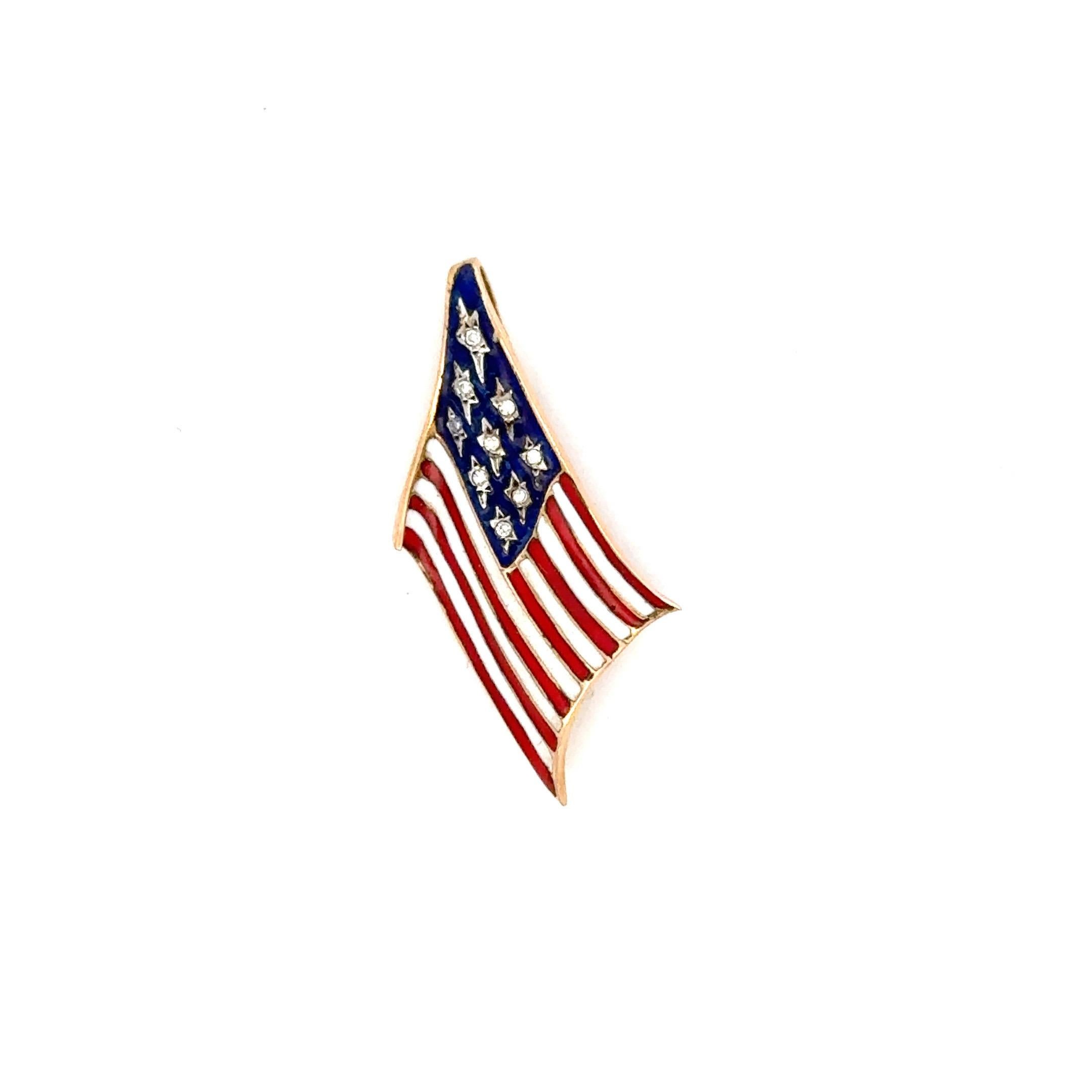 Round Cut American Flag Diamond Enamel Pendant Brooch 14 Karat Yellow Gold 2.4 Grams For Sale