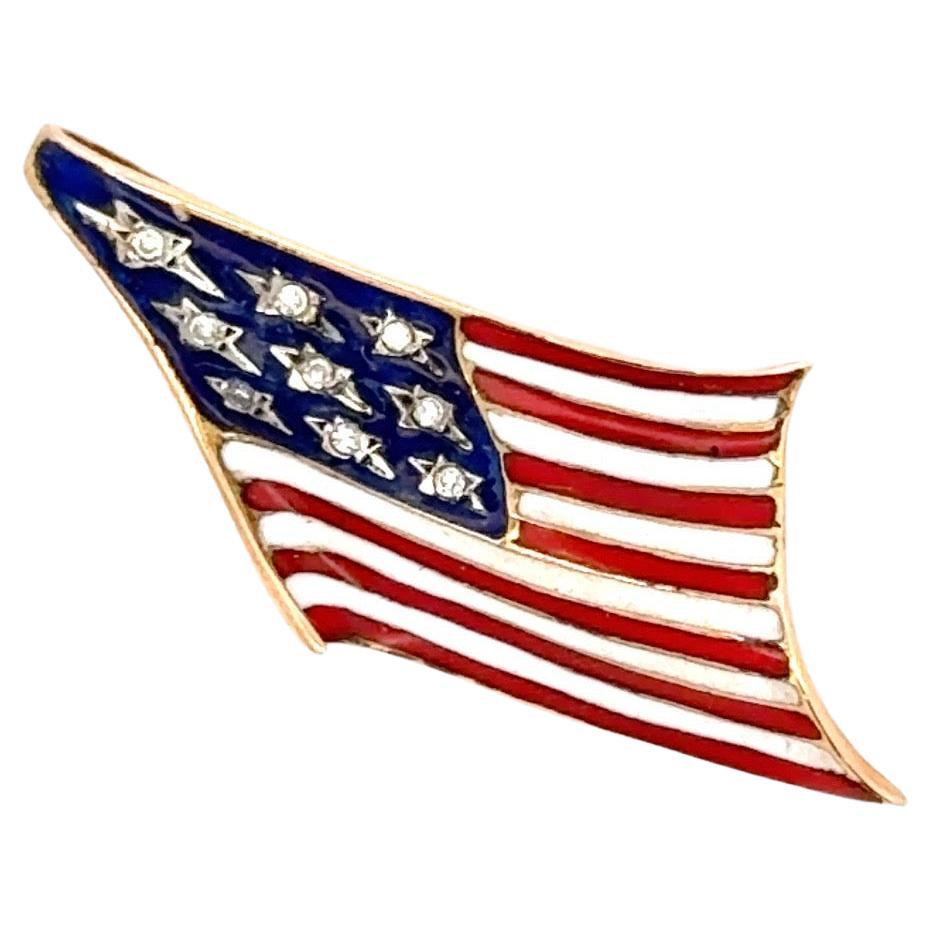 American Flag Diamond Enamel Pendant Brooch 14 Karat Yellow Gold 2.4 Grams For Sale