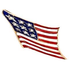 American Flag Diamond Enamel Pendant Brooch 14 Karat Yellow Gold 2.4 Grams