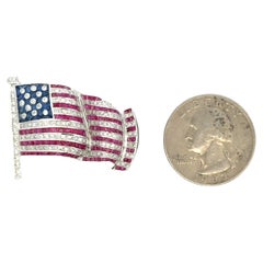 Large American Flag Diamond Sapphire Ruby Brooch 18 Karat White Gold