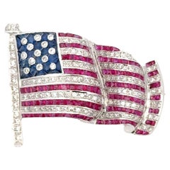 Large American Flag Diamond Sapphire Ruby Brooch 18 Karat White Gold