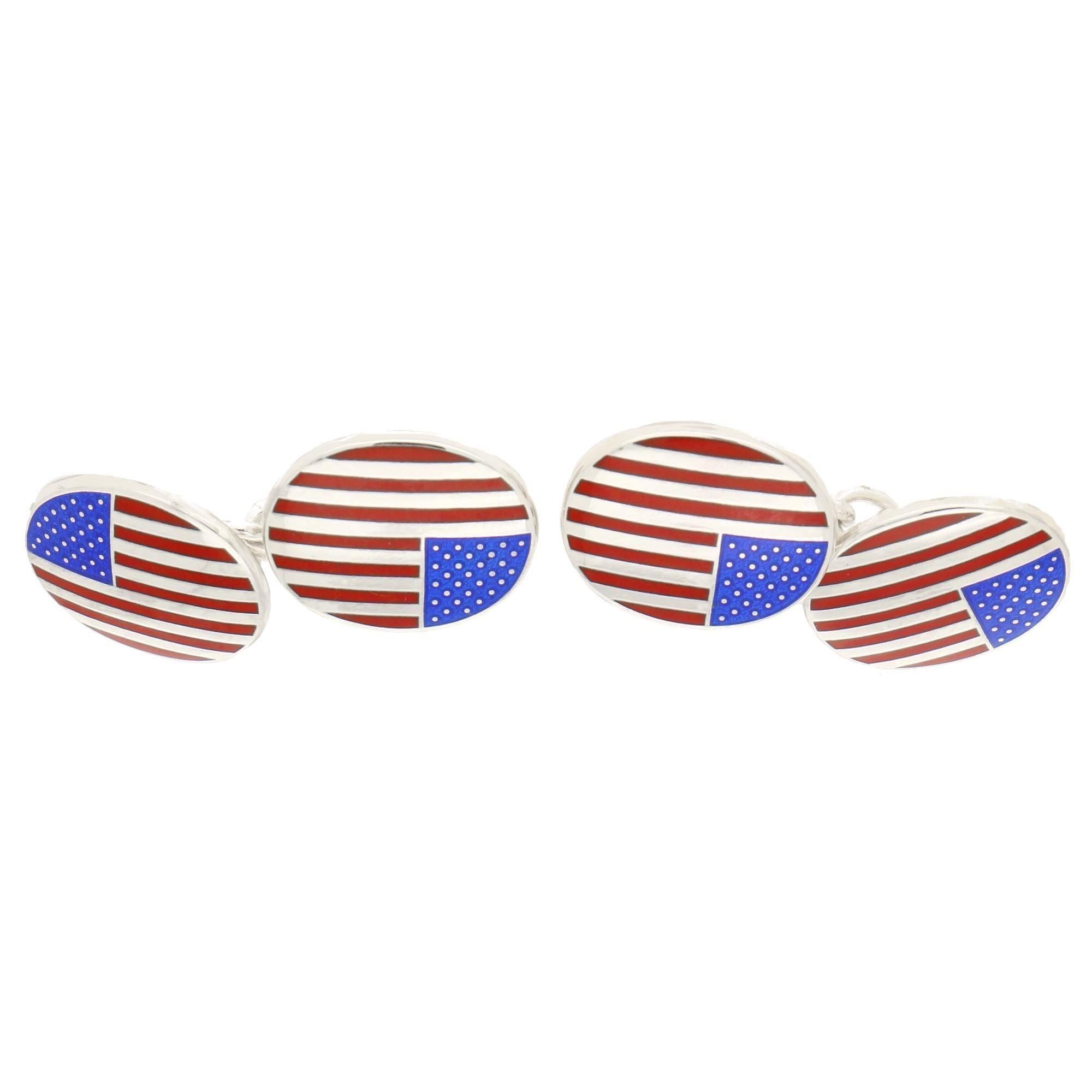 Modern American Flag Enamel Chain Cufflinks Set in Sterling Silver