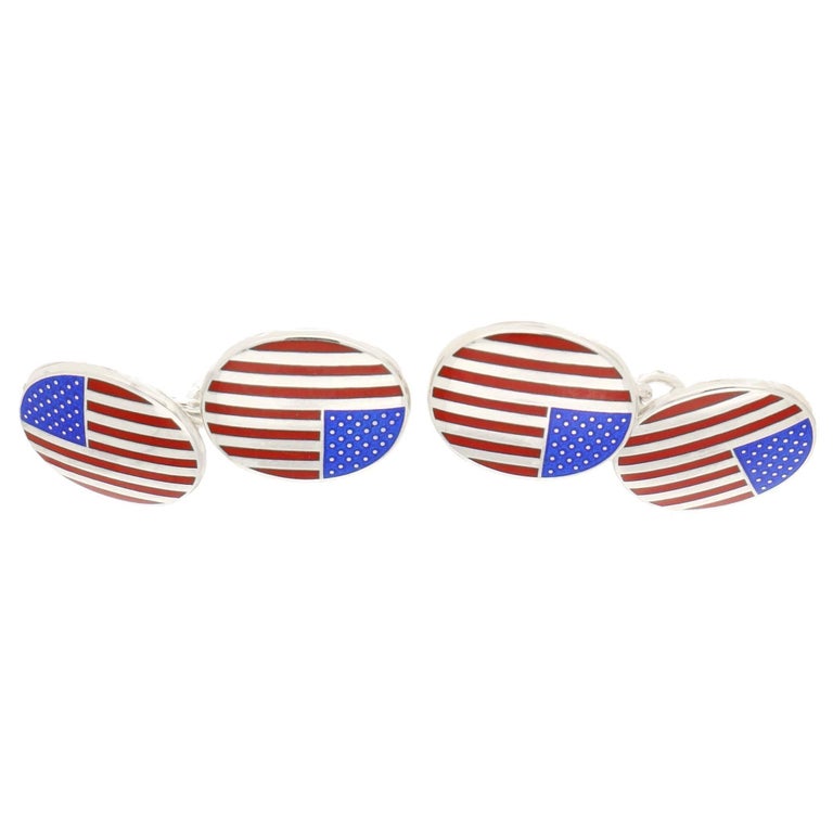 Modern American Flag Enamel Chain Cufflinks Set in Sterling Silver For Sale