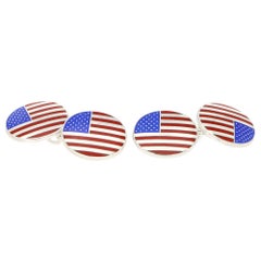 American Flag Enamel Chain Cufflinks Set in Sterling Silver