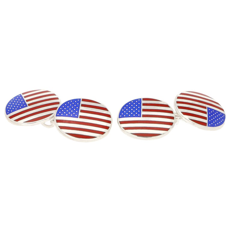 American Flag Enamel Chain Cufflinks Set in Sterling Silver For Sale