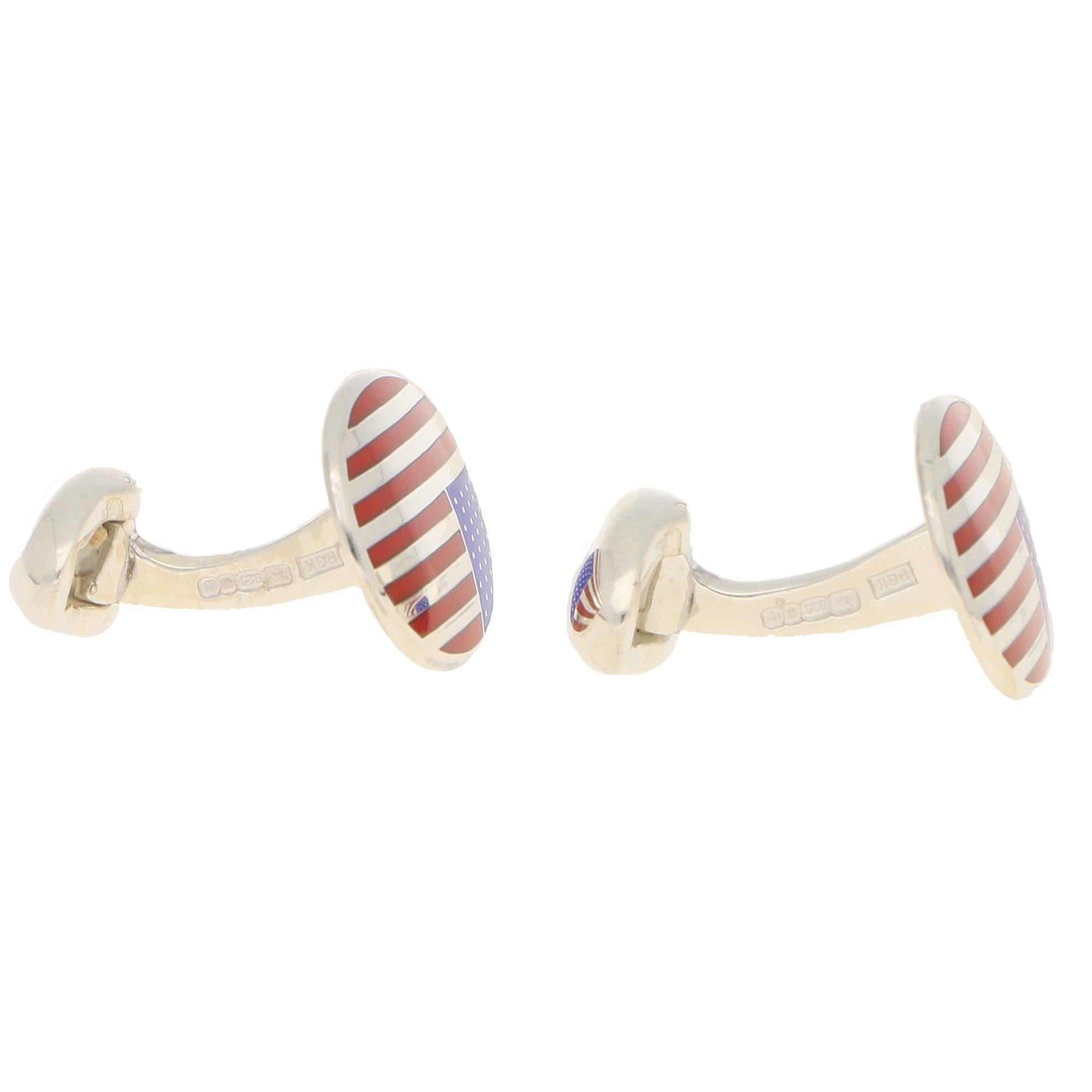 American Flag Swivel Back Cufflinks in Sterling Silver and Enamel In New Condition In London, GB
