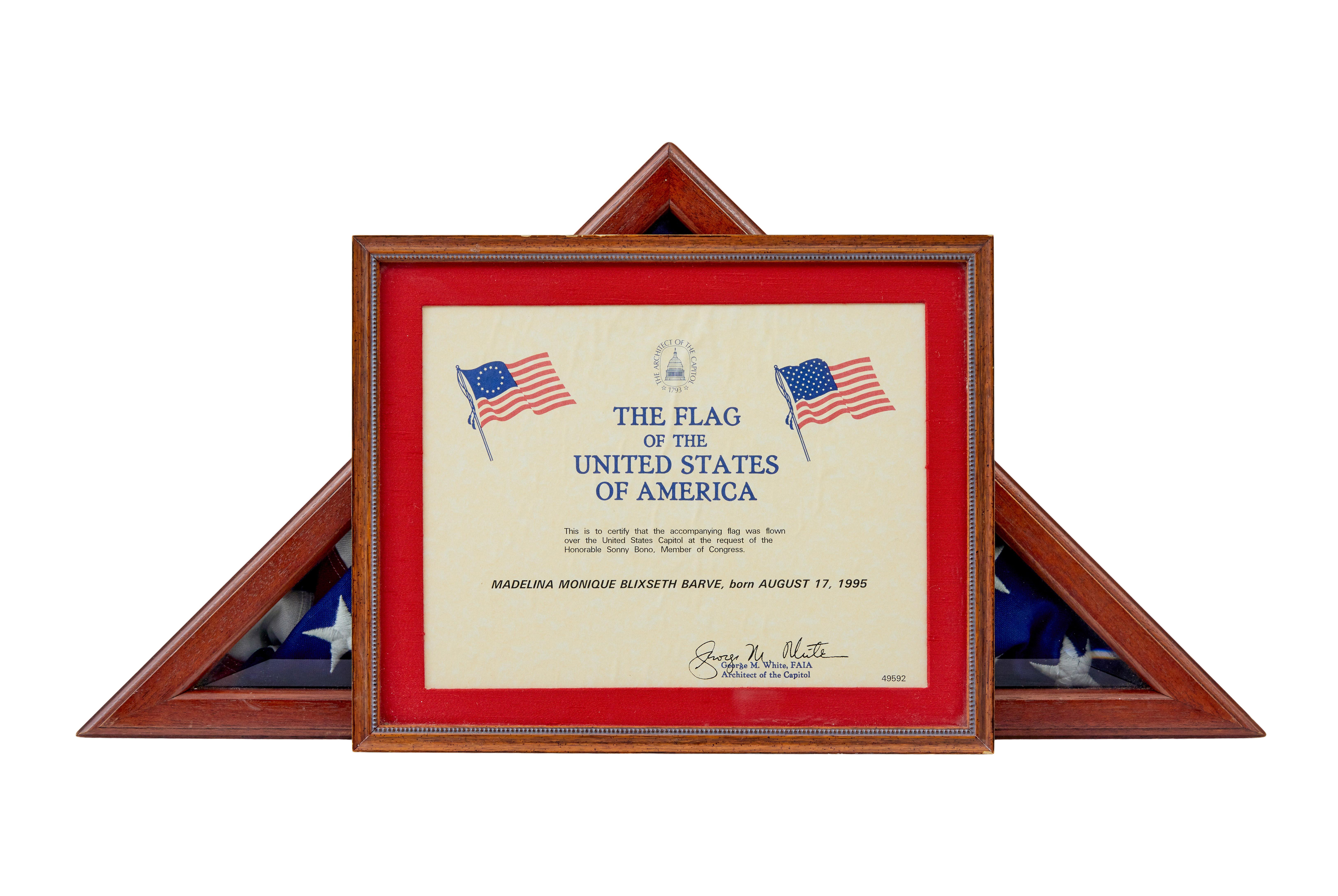 Modern American flag in glazed presentation cabinet For Sale