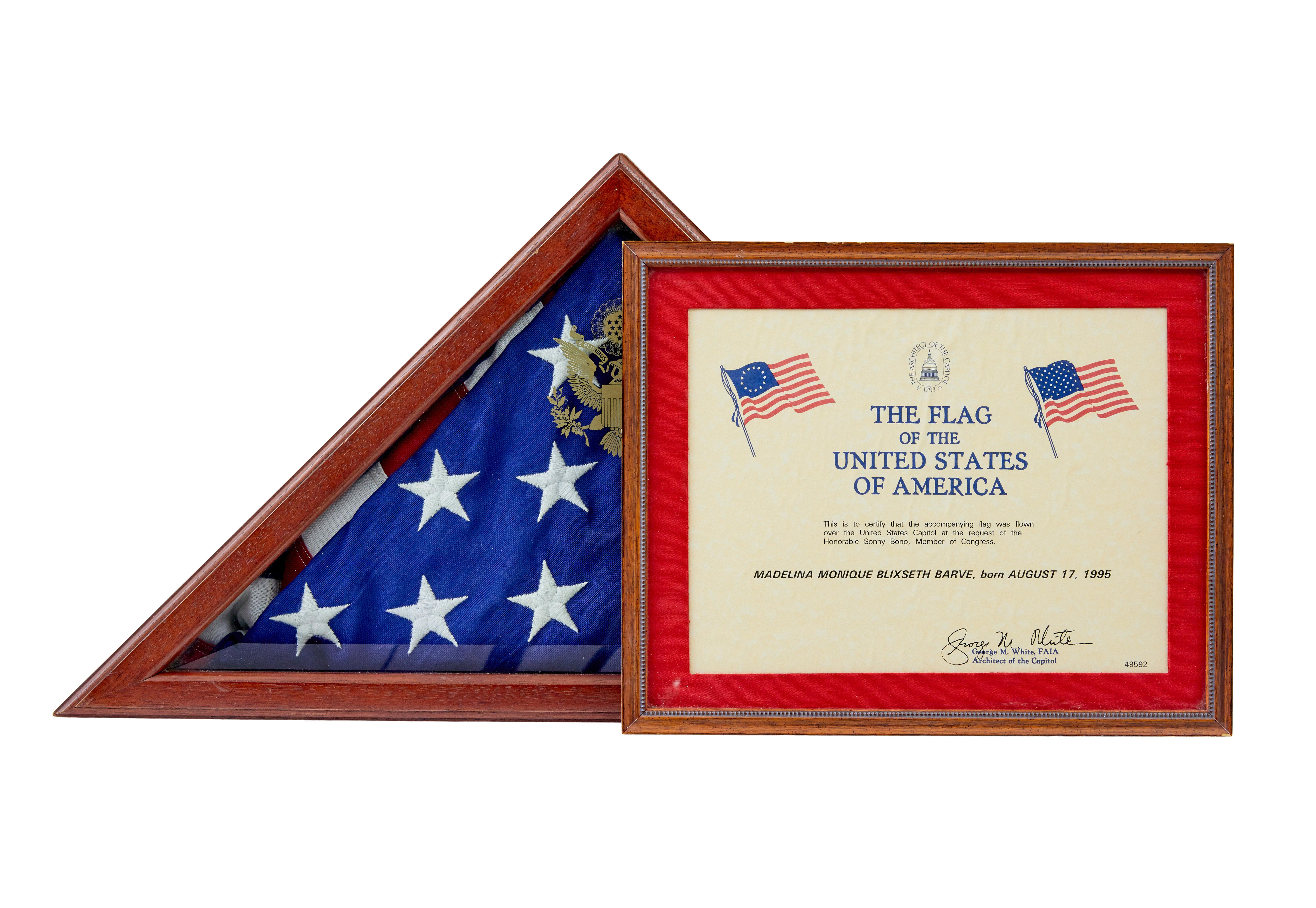 Glazed American flag in glazed presentation cabinet For Sale
