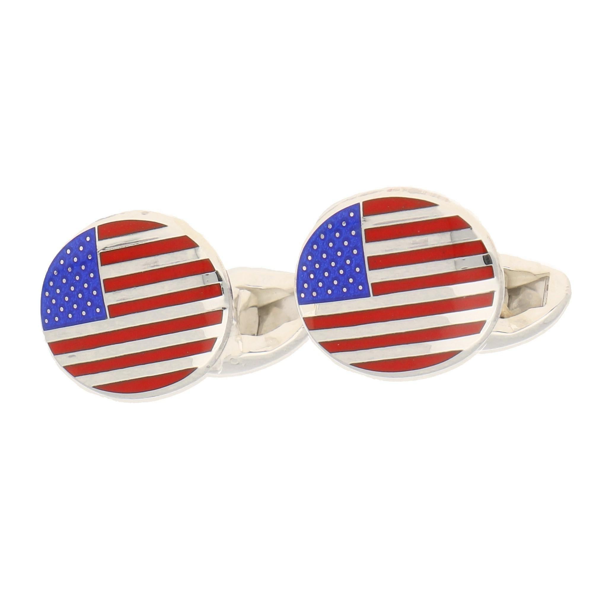 Contemporary American Flag Swivel Back Cufflinks in Sterling Silver and Enamel