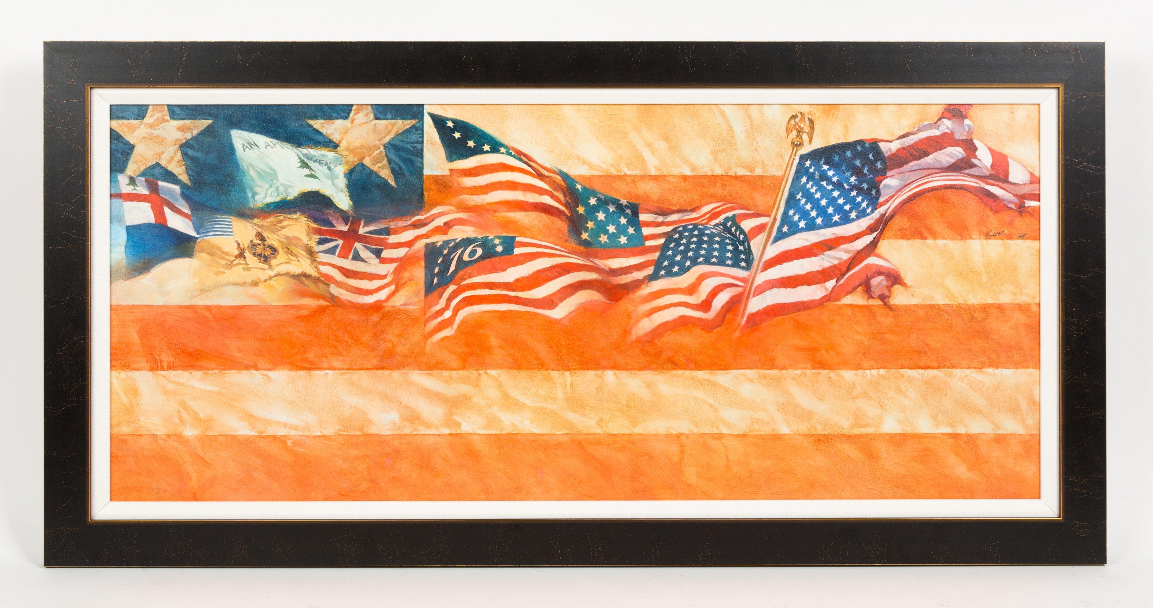 This original oil painting on canvas, entitled American Flags, was painted by Dennis Lyall in 1988. The work originally appeared in the Fleetwood Triptych panel for the U.S. Flag stamps series. Lyall signed the work underneath the rightmost flag.