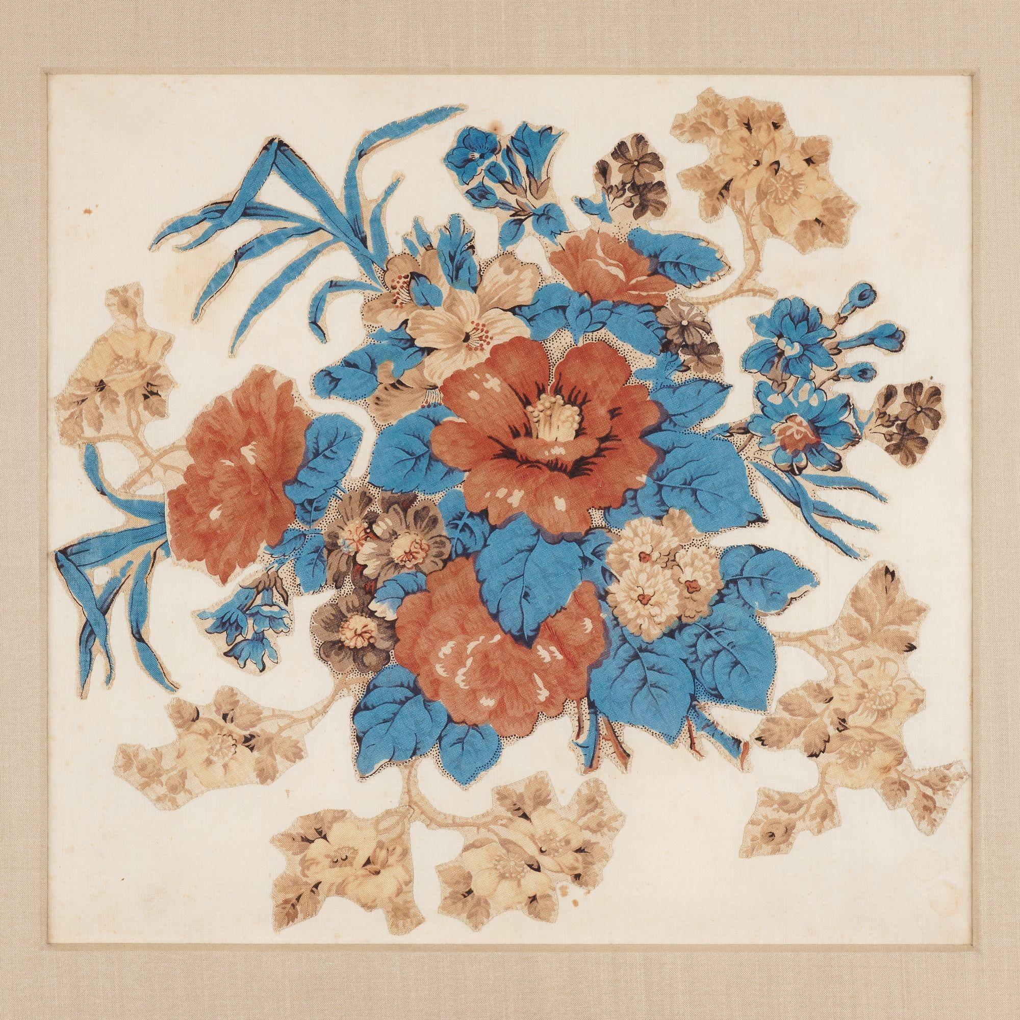 Floral bouquet chintz appliqué quilt square in red, blue, tan, and brown. Framed with a silk mat in UV filtering plexiglass box frame.

American, circa 1825-50.