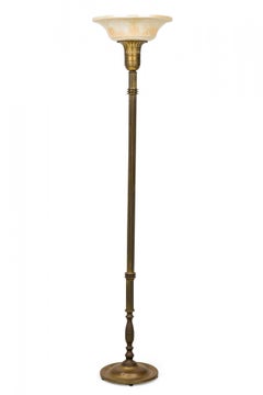 American Fluted Brass Floor Lamp w/ White Foliate Patterned Pressed Glass Shade