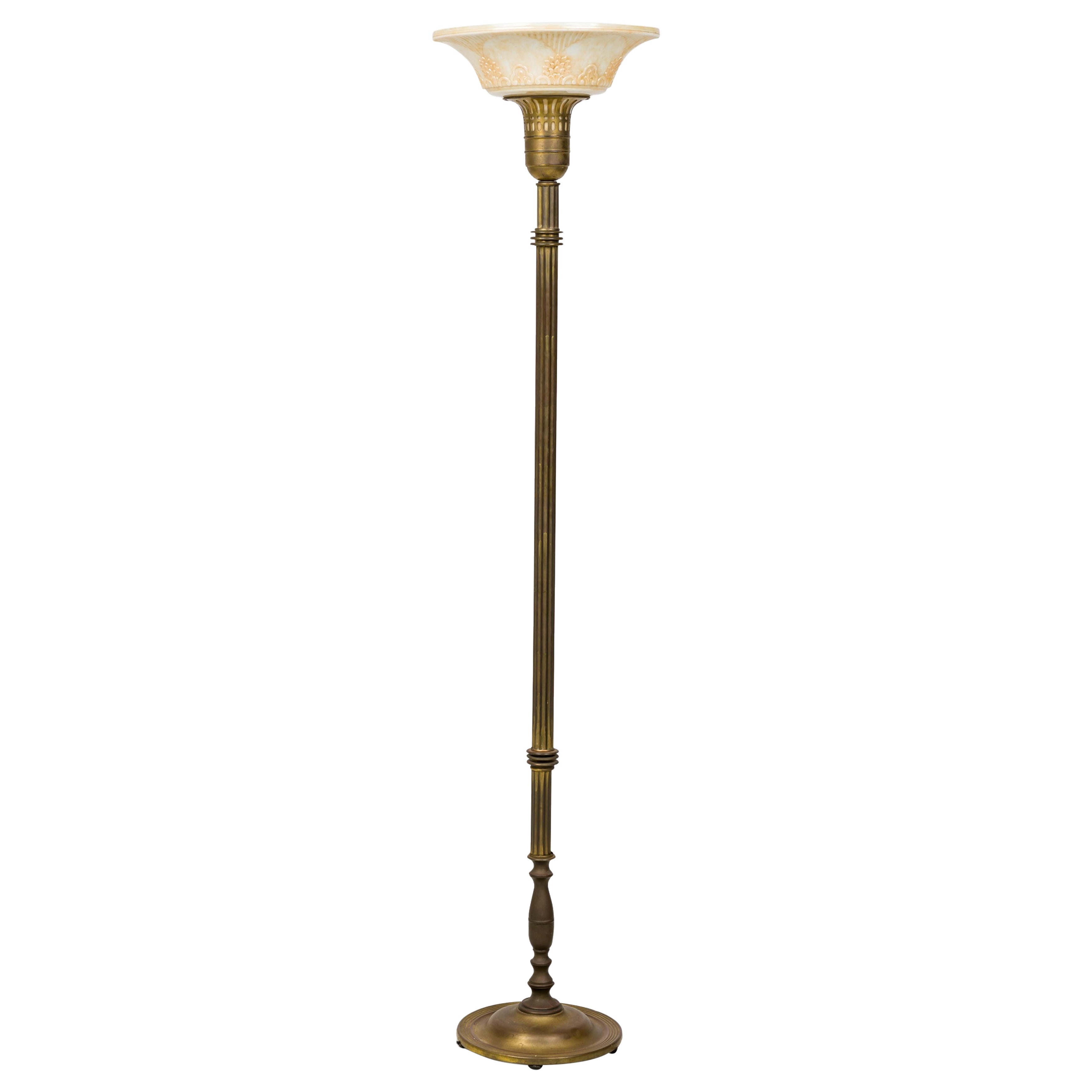 American Fluted Brass Floor Lamp w/ White Foliate Patterned Pressed Glass Shade For Sale