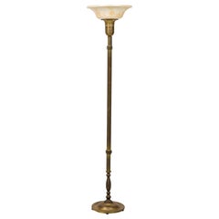 American Fluted Brass Floor Lamp w/ White Foliate Patterned Pressed Glass Shade