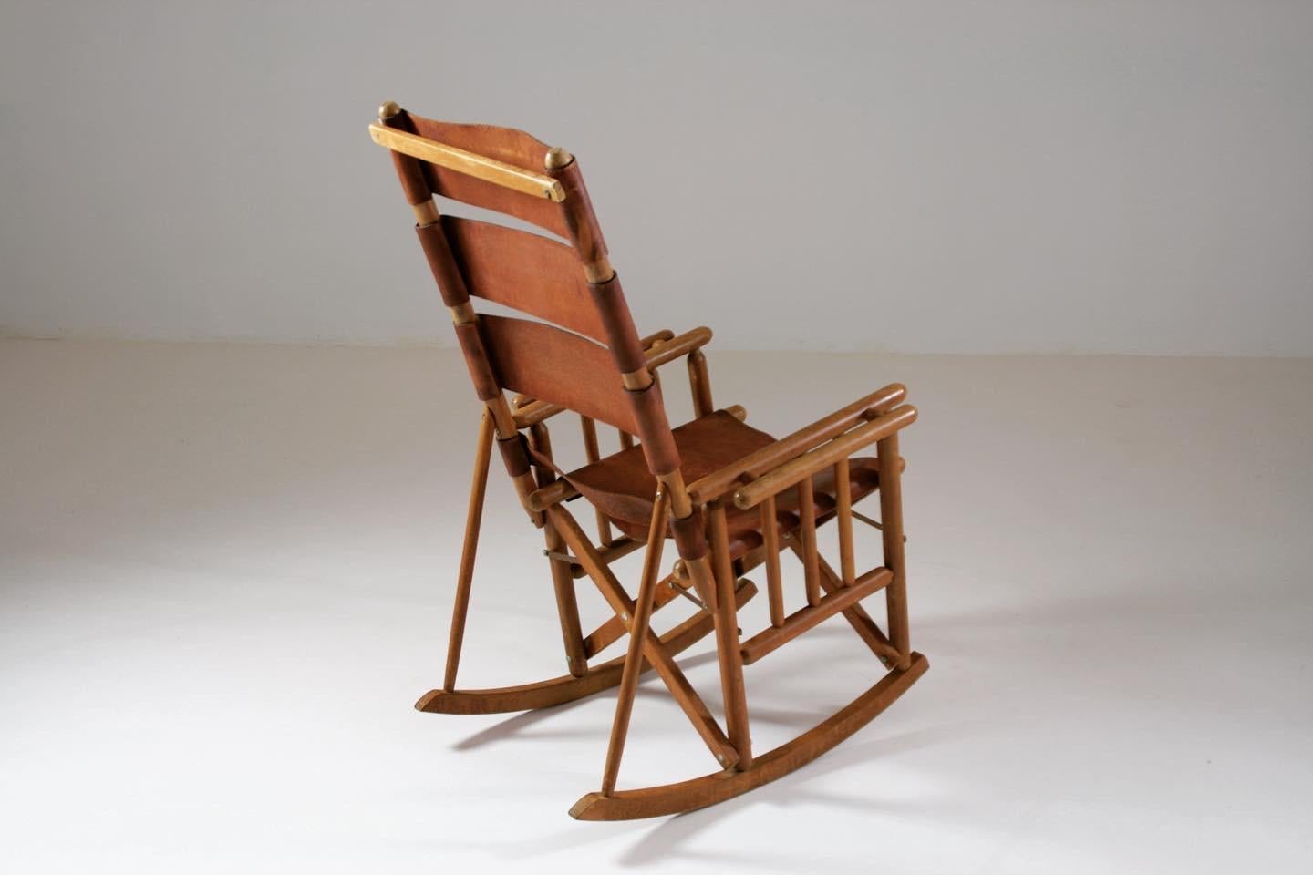 American Foldable Wood and Leather Rocking Chair, 1960s 8